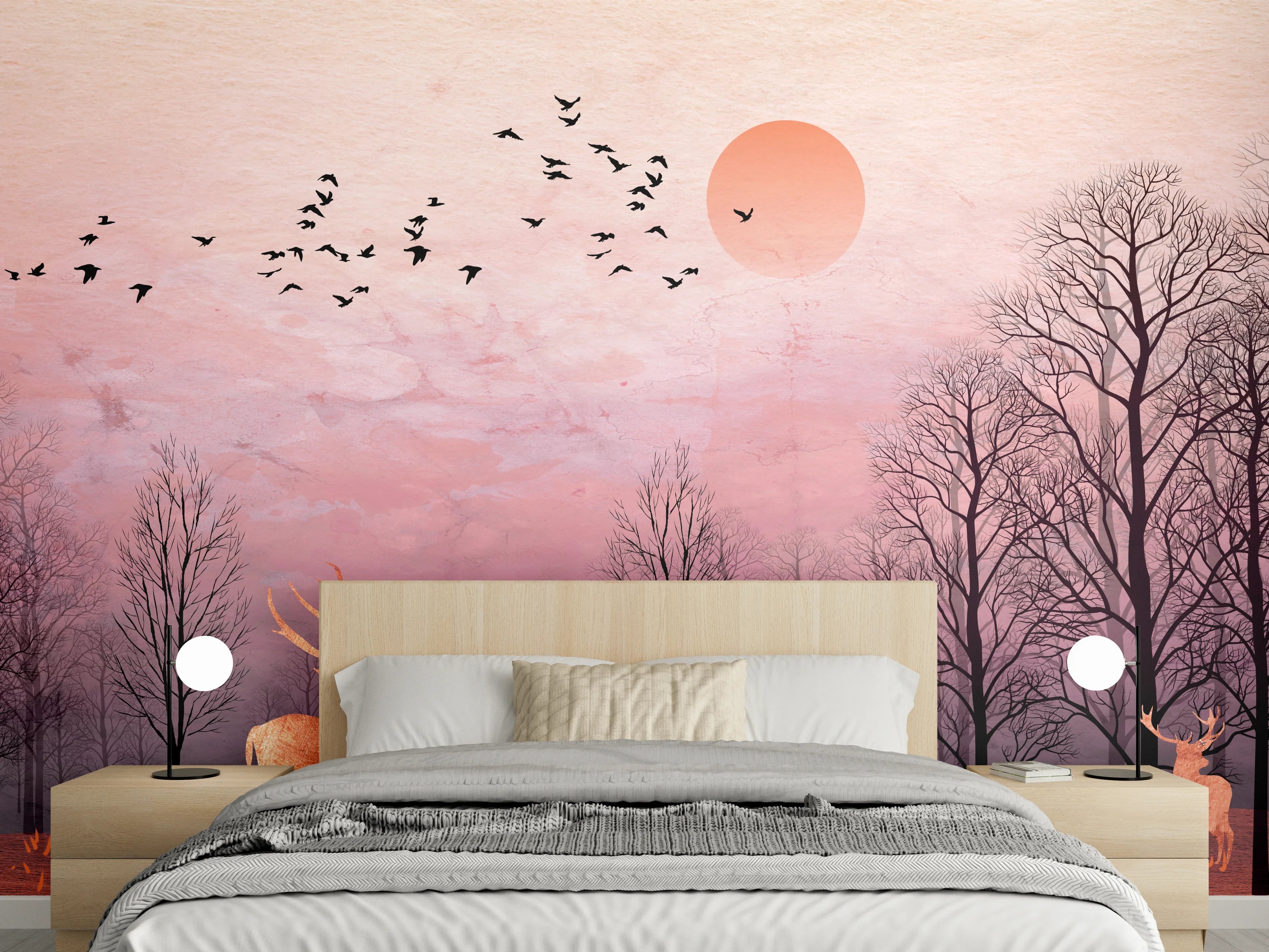 Wandverkleidung Schlafzimmer - Gemalte Landschaft mit Wildtieren