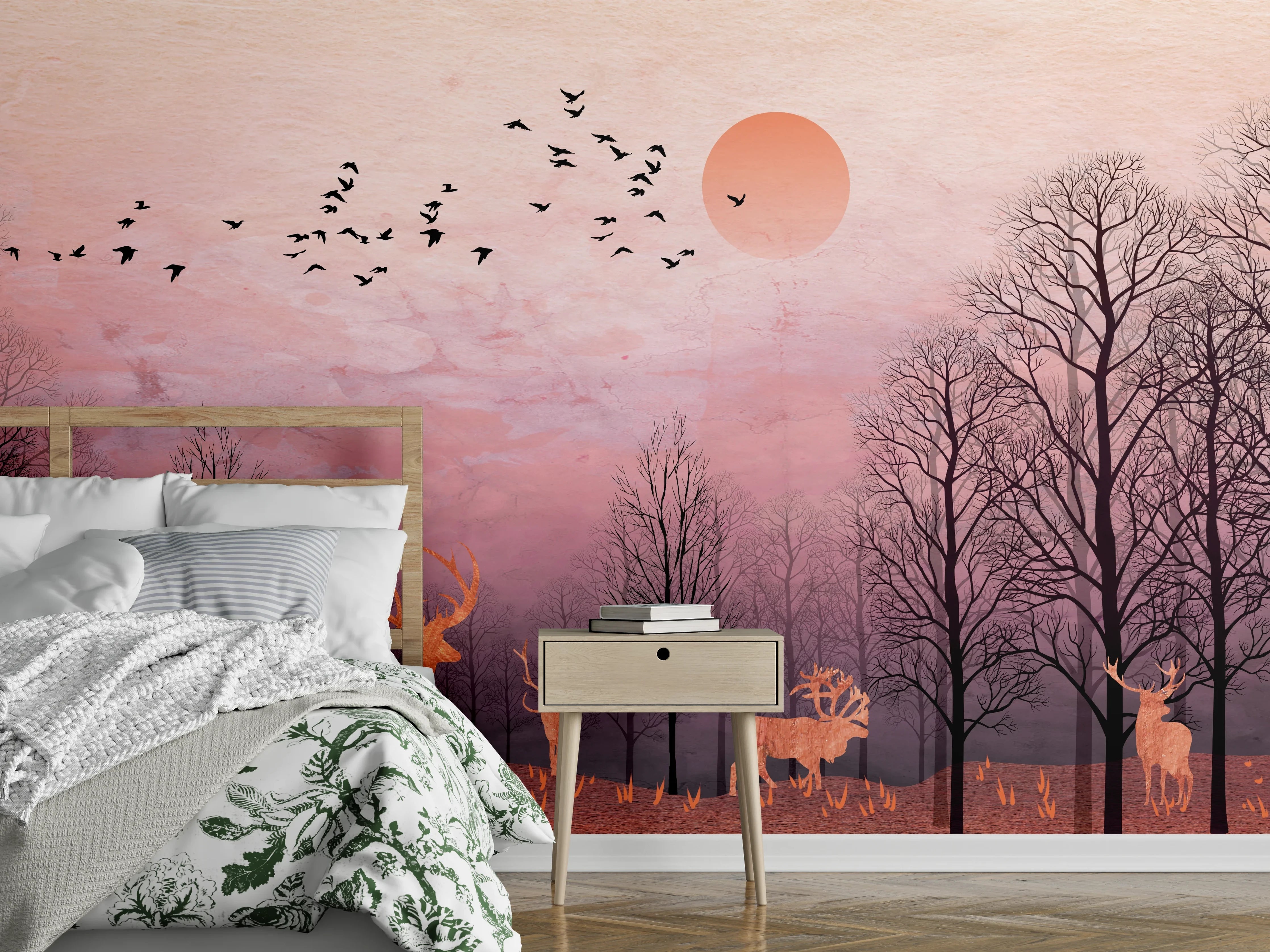 Wandverkleidung Schlafzimmer - Gemalte Landschaft mit Wildtieren