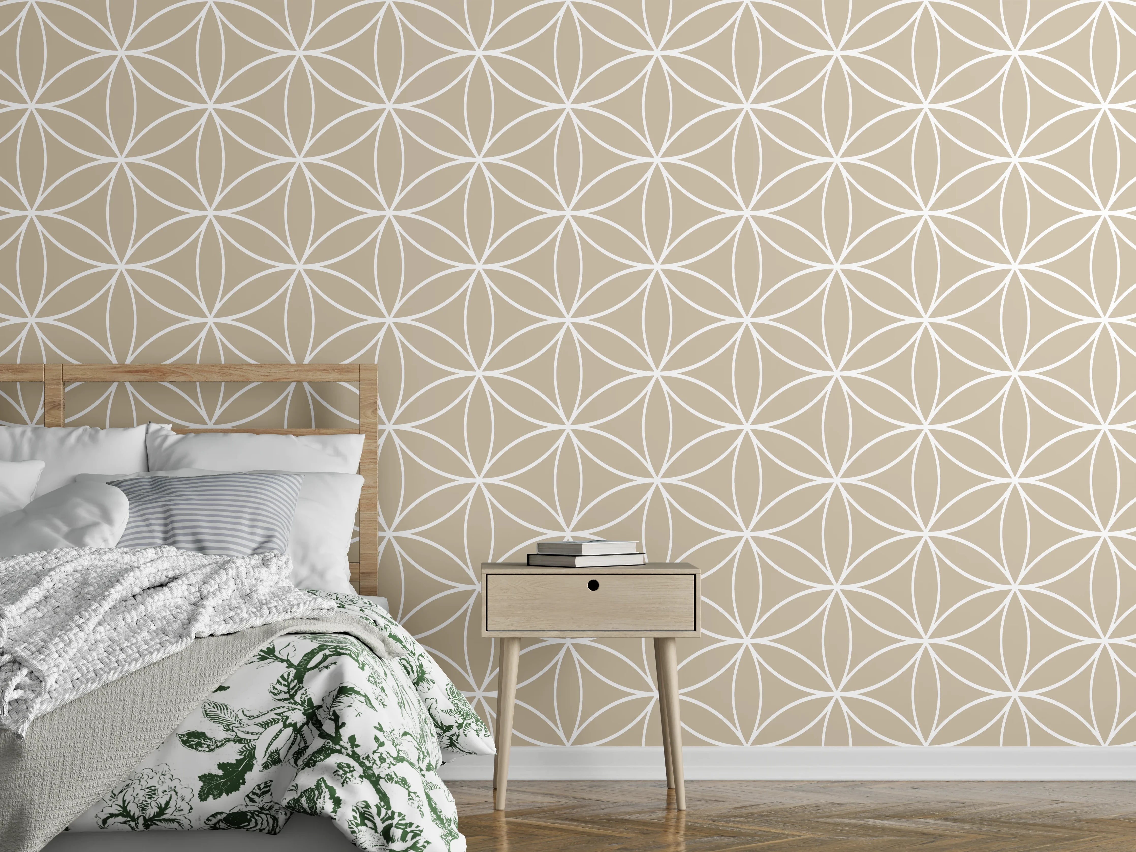 Wandverkleidung Schlafzimmer - Geometrie in Beige und Grauweiß