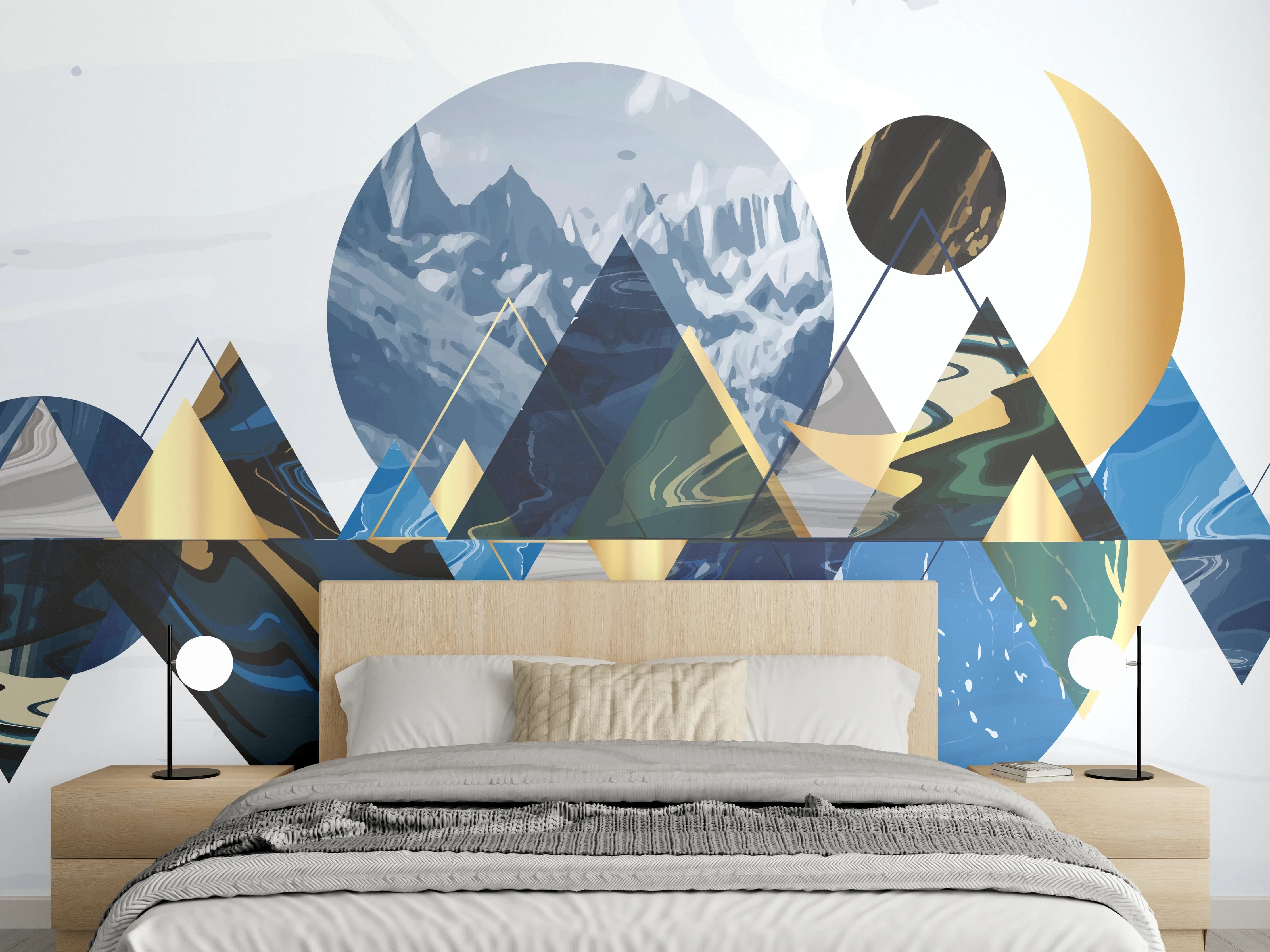 Wandverkleidung Schlafzimmer - Geometrische Berglandschaft in Blau