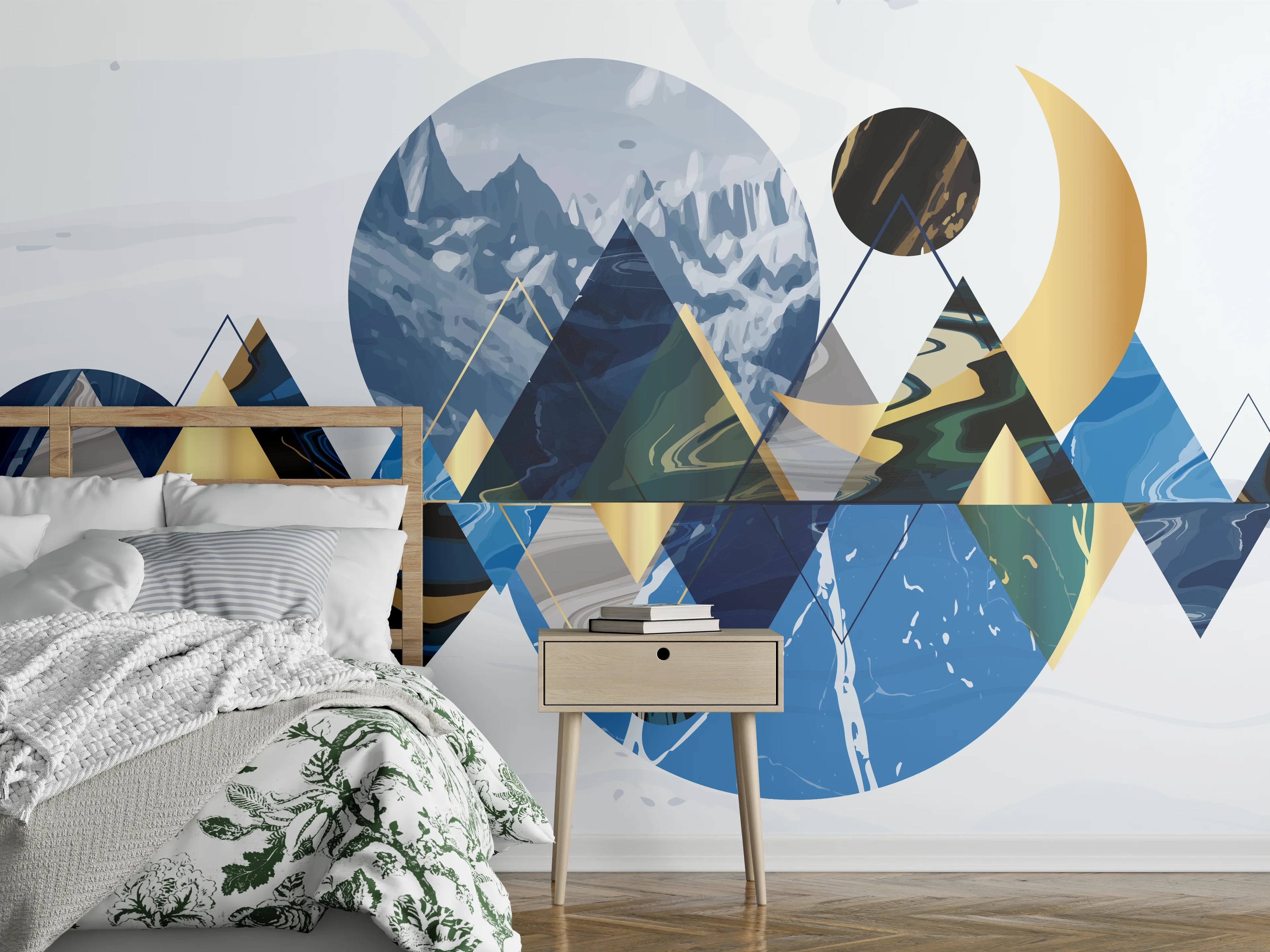 Wandverkleidung Schlafzimmer - Geometrische Berglandschaft in Blau
