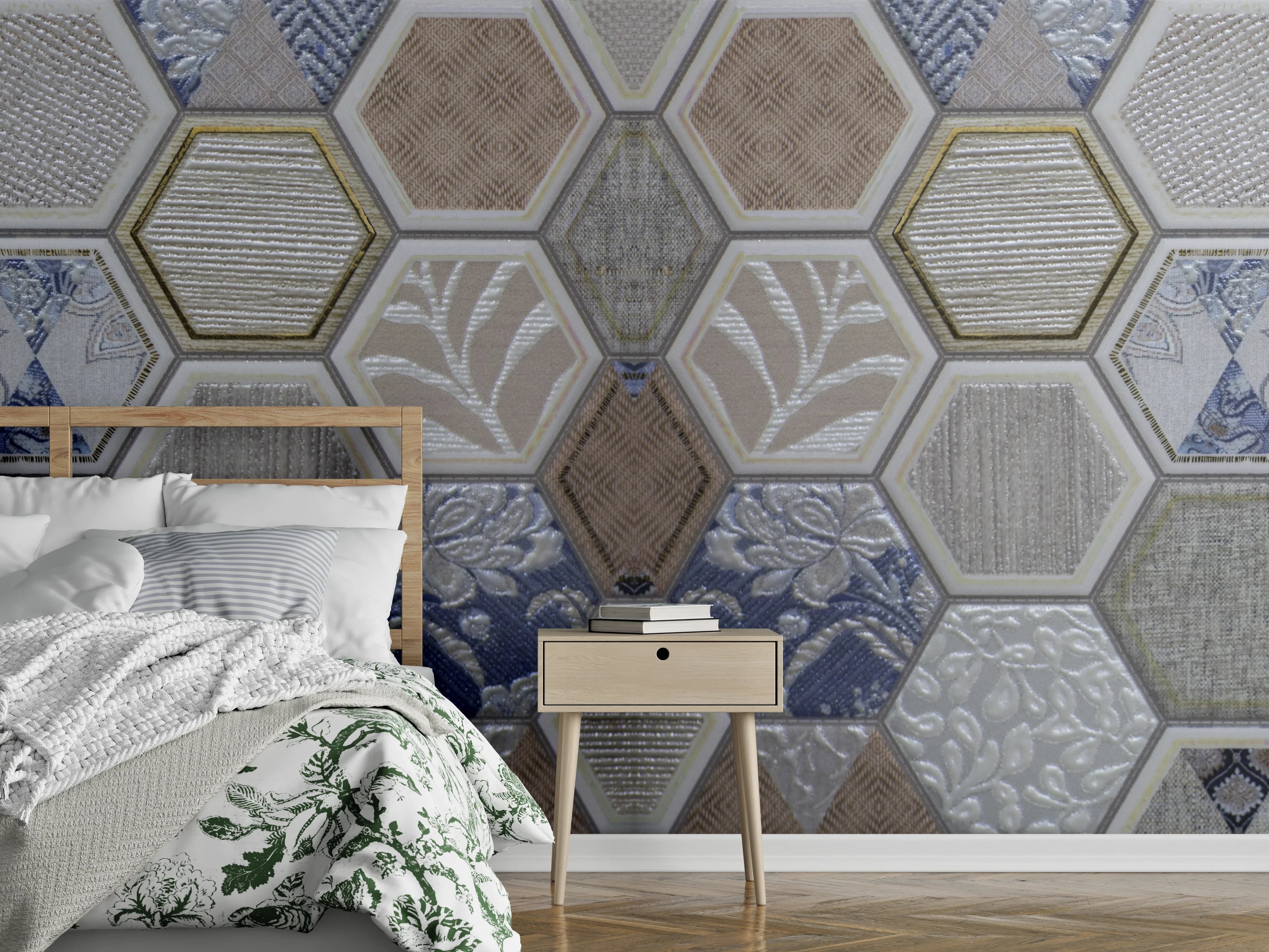 Wandverkleidung Schlafzimmer - Geometrische Blau-Beige Fliesen
