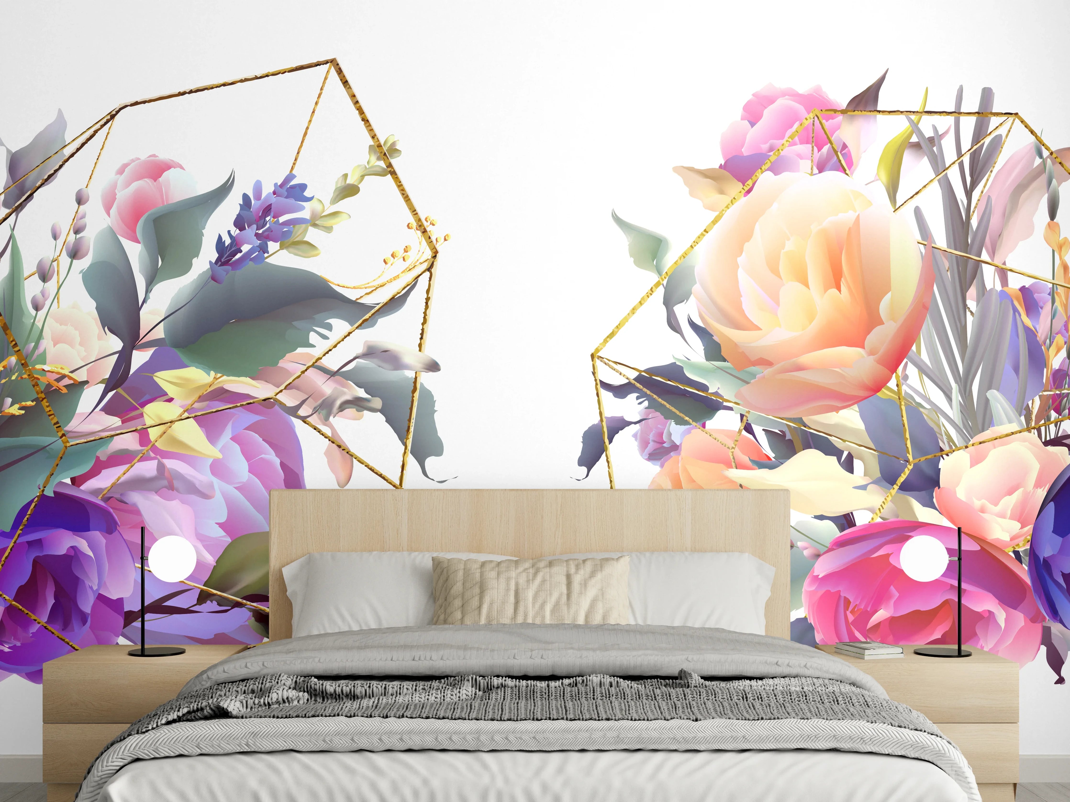 Wandverkleidung Schlafzimmer - Geometrische Blumen Goldglanz