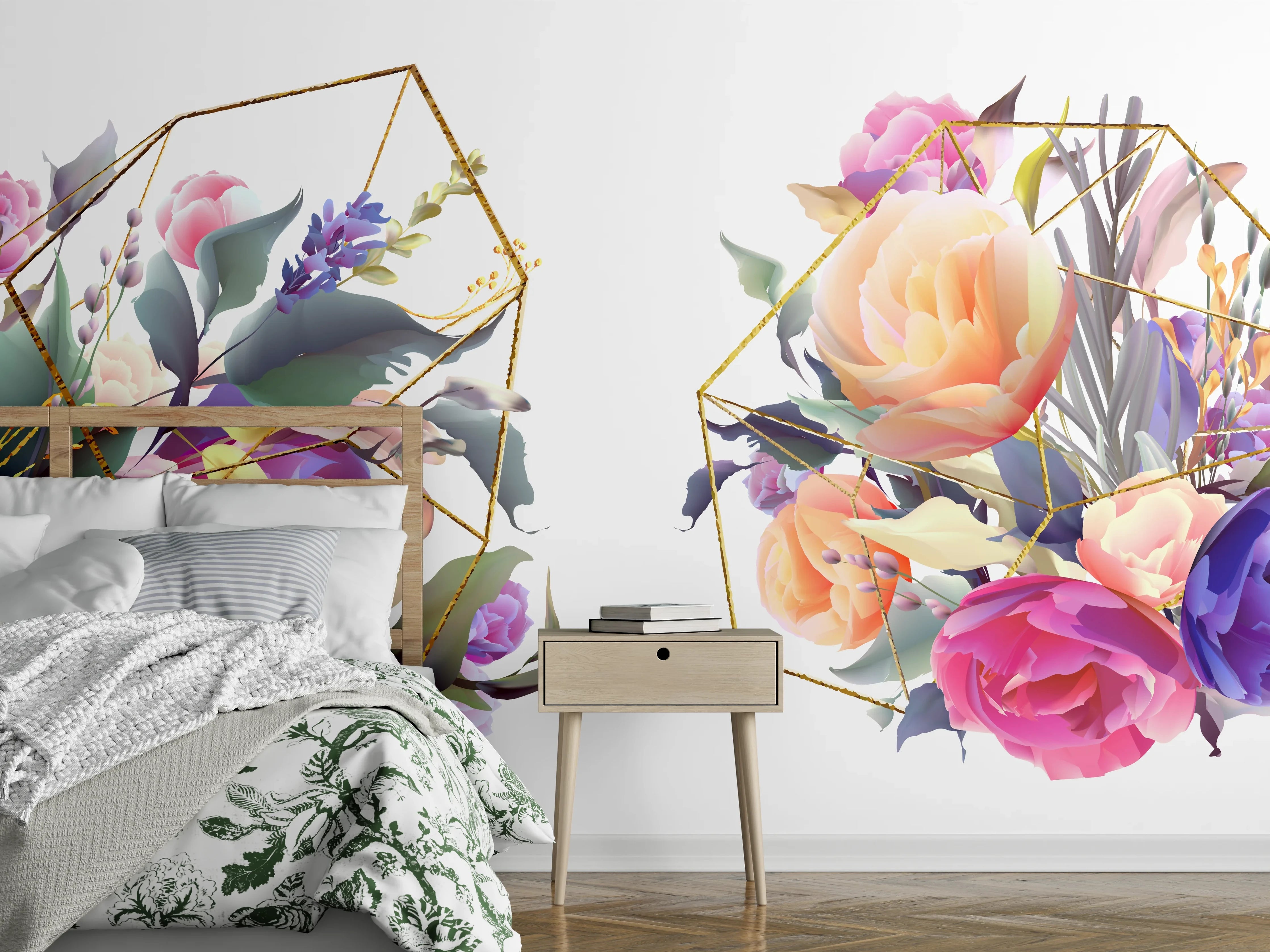Wandverkleidung Schlafzimmer - Geometrische Blumen Goldglanz