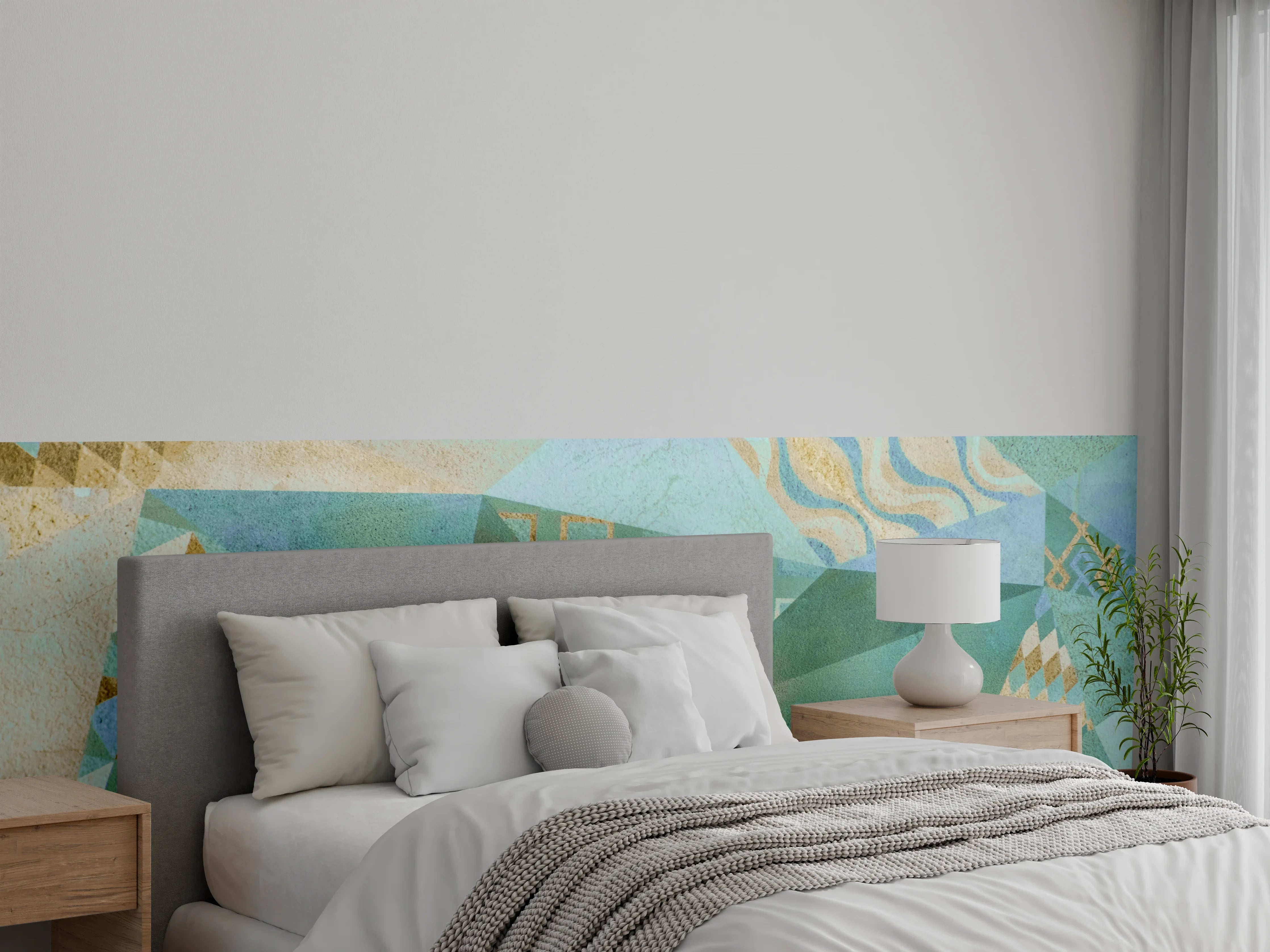 Wandverkleidung Schlafzimmer - Geometrische Muster in Türkis und Gold