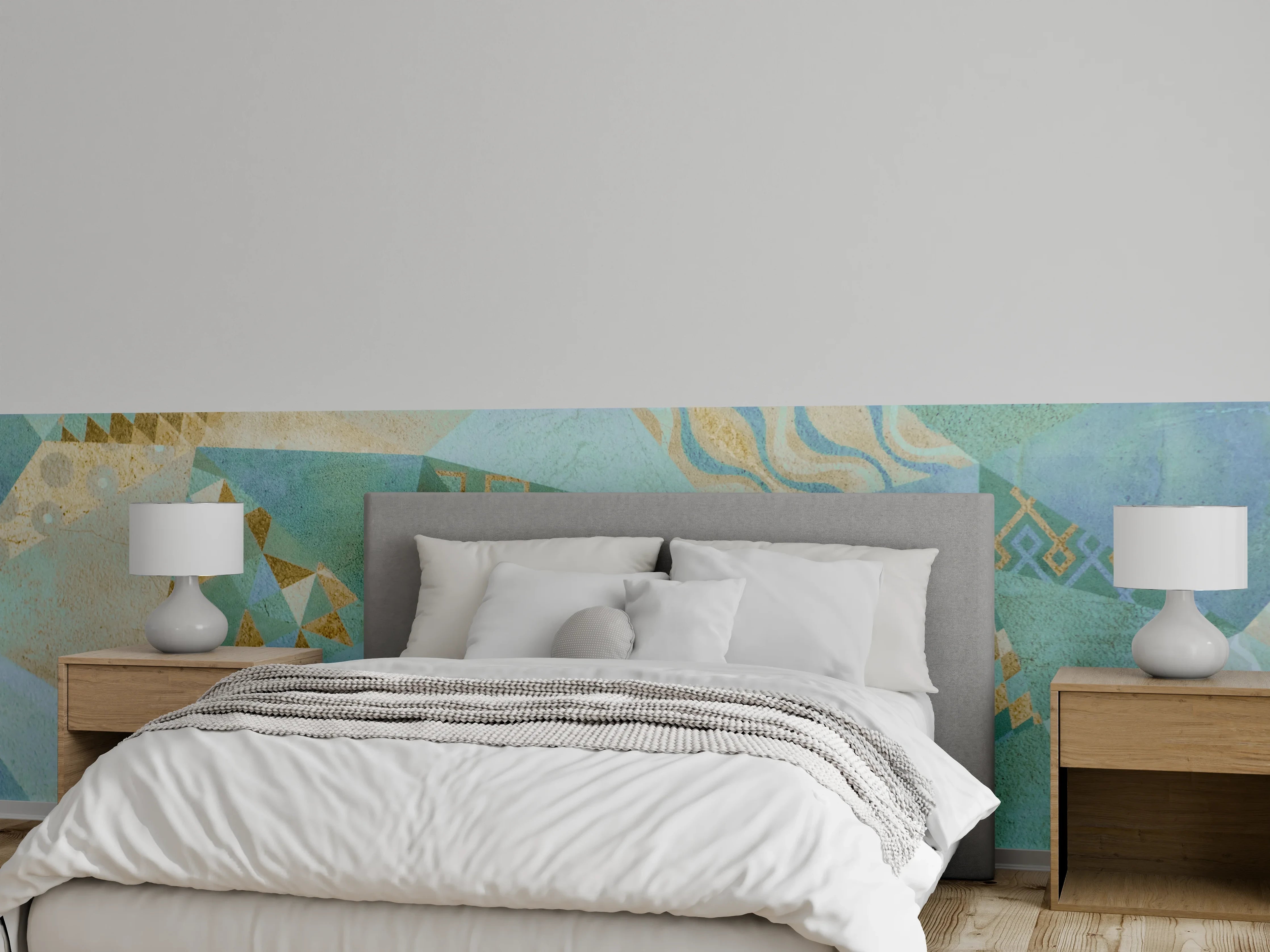 Wandverkleidung Schlafzimmer - Geometrische Muster in Türkis und Gold