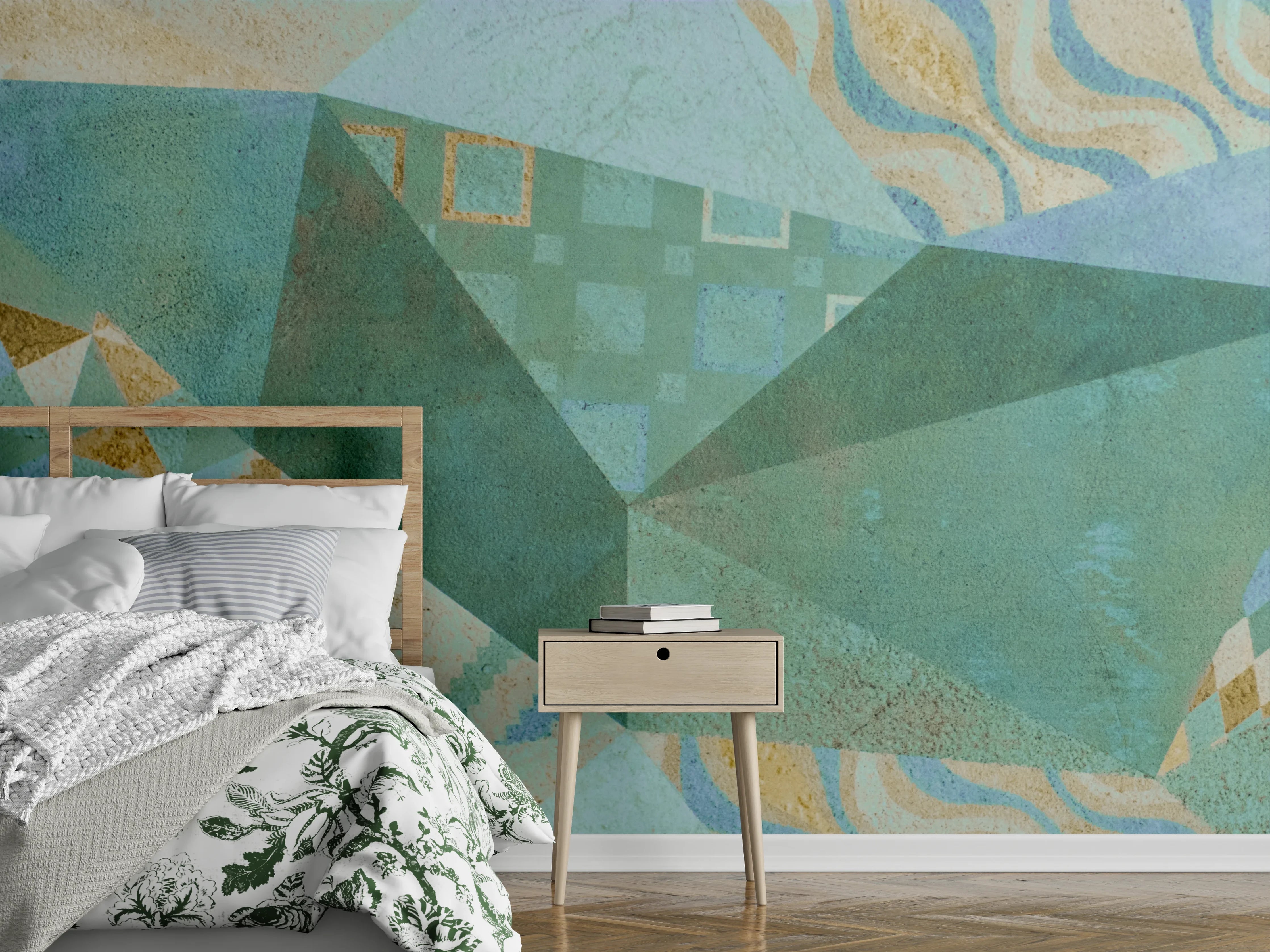 Wandverkleidung Schlafzimmer - Geometrische Muster in Türkis und Gold