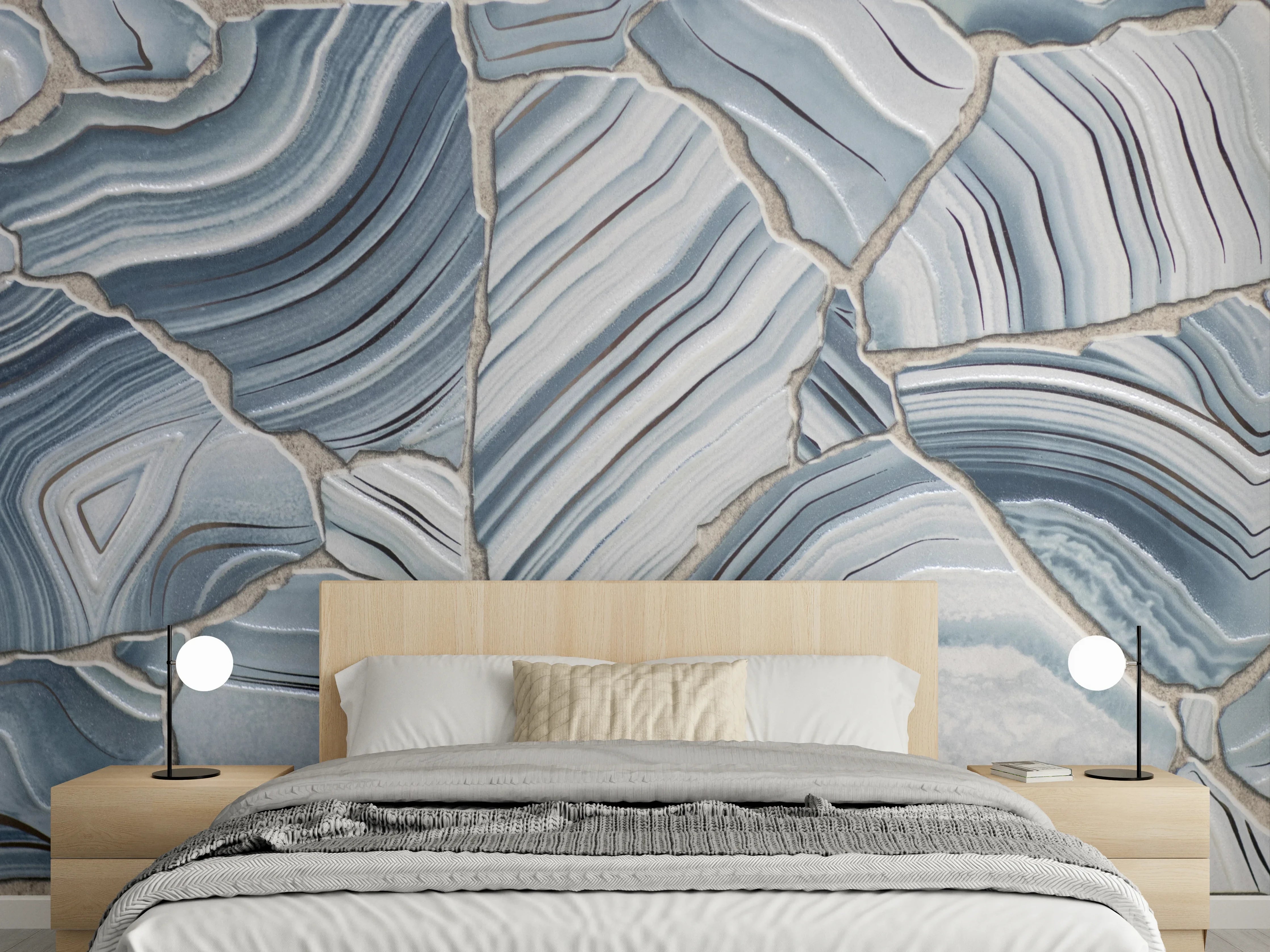 Wandverkleidung Schlafzimmer - Geometrische Steinoptik: Edle Blau-Grau Muster