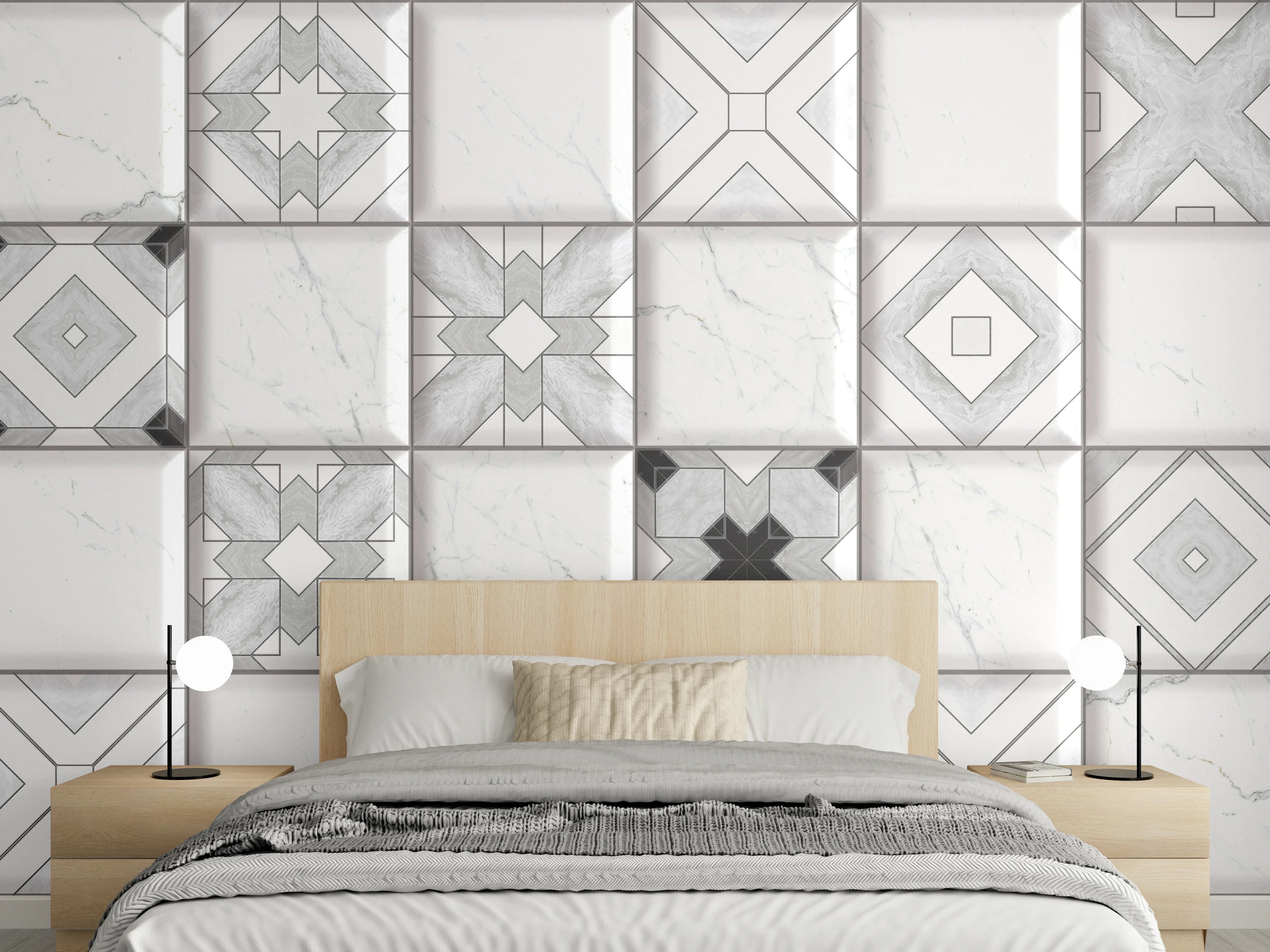 Wandverkleidung Schlafzimmer - Geometrische Weiß-Grau Wandfliesen