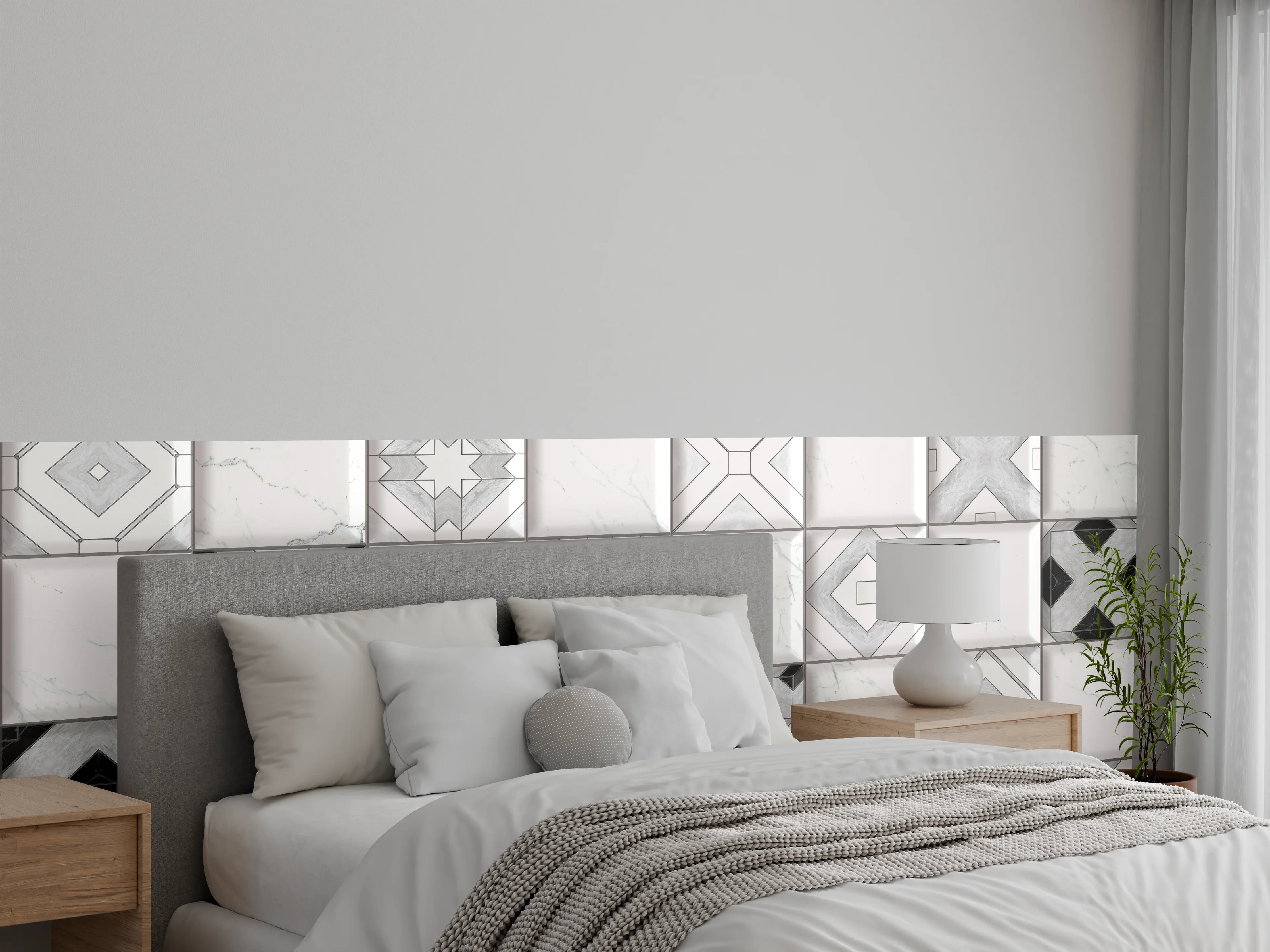 Wandverkleidung Schlafzimmer - Geometrische Weiß-Grau Wandfliesen