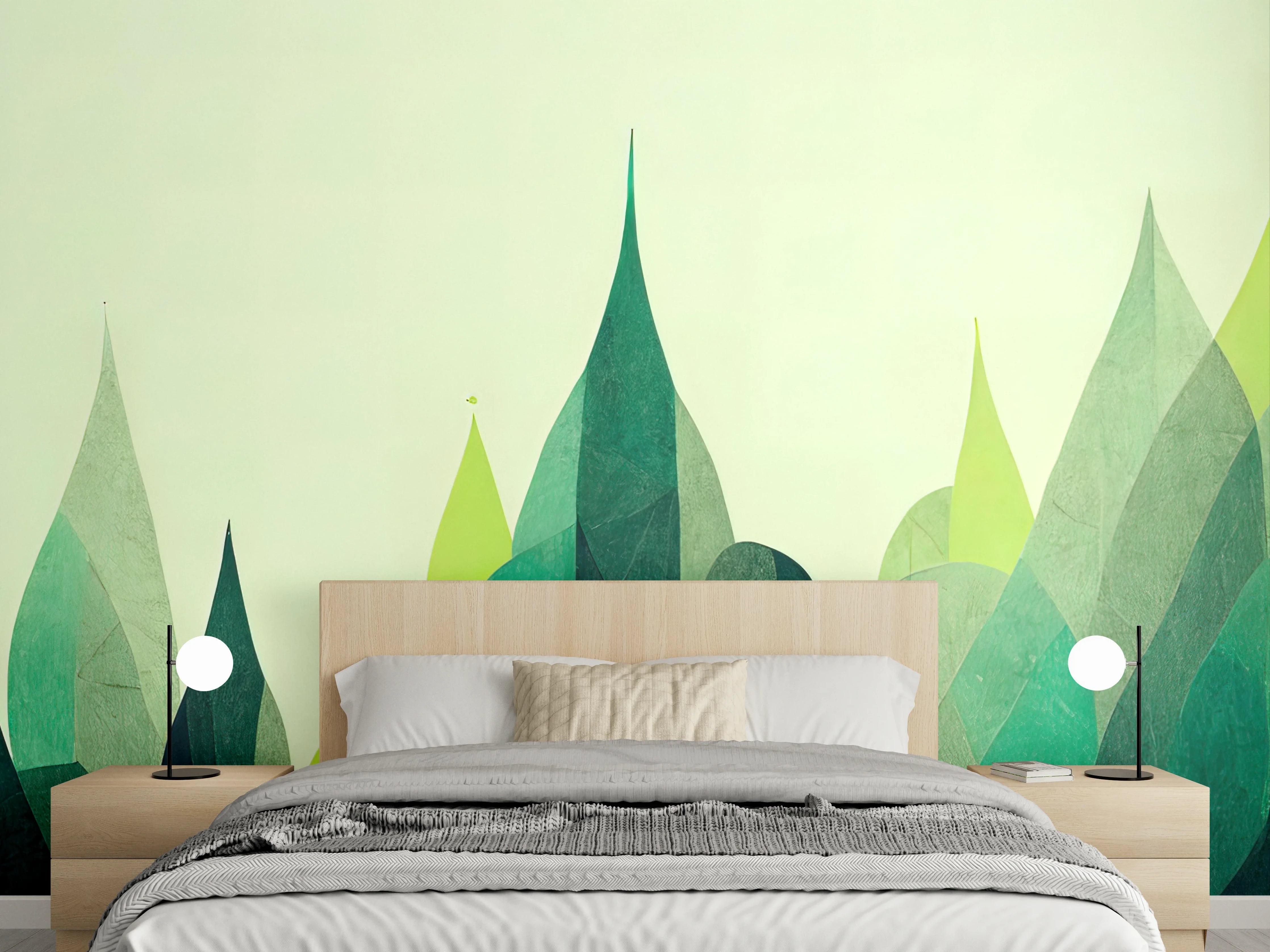 Wandverkleidung Schlafzimmer - Geometrischer Wald Grüntöne Wandbild