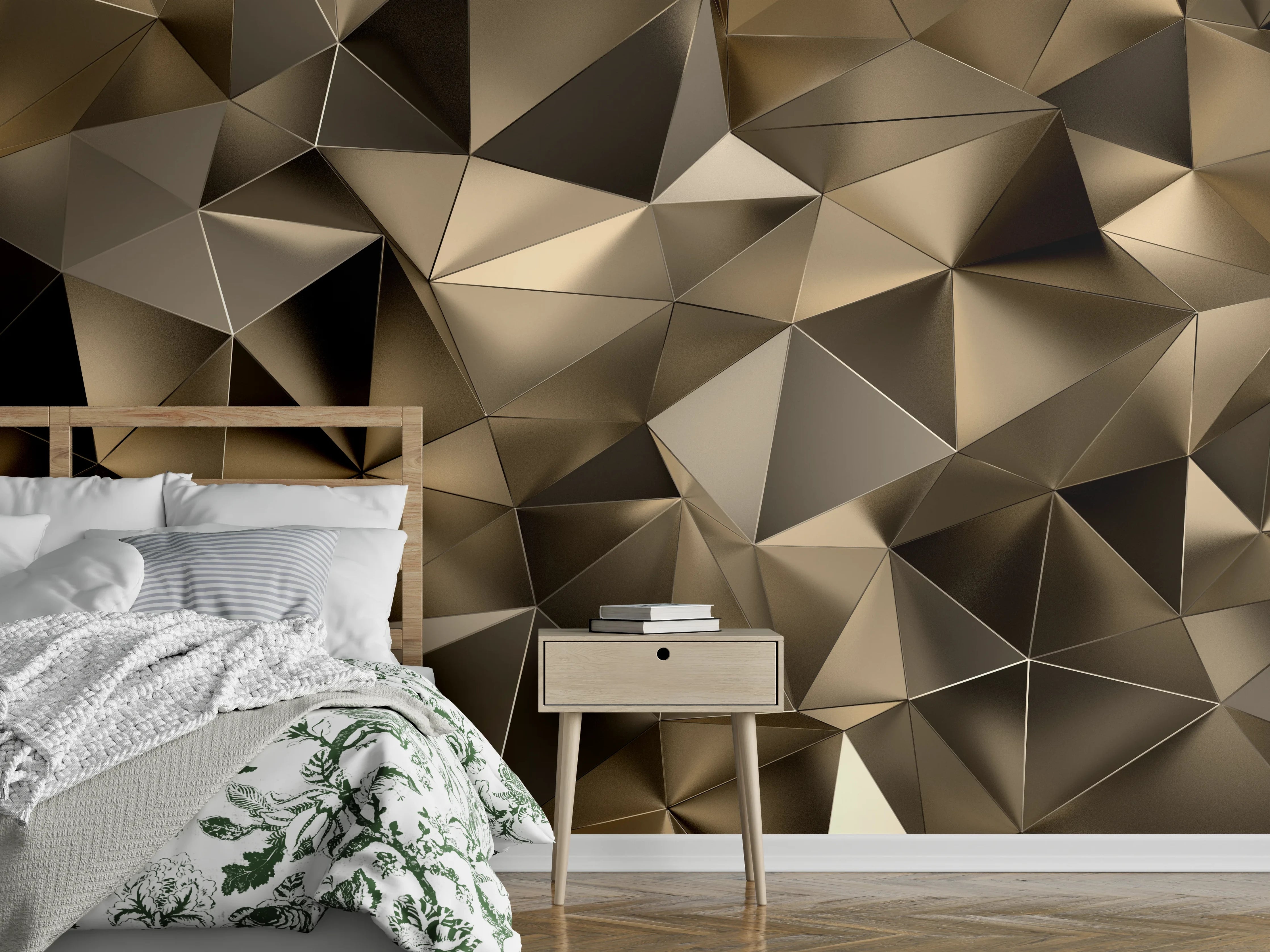 Wandverkleidung Schlafzimmer - Geometrisches 3D-Muster in Metallic Bronze