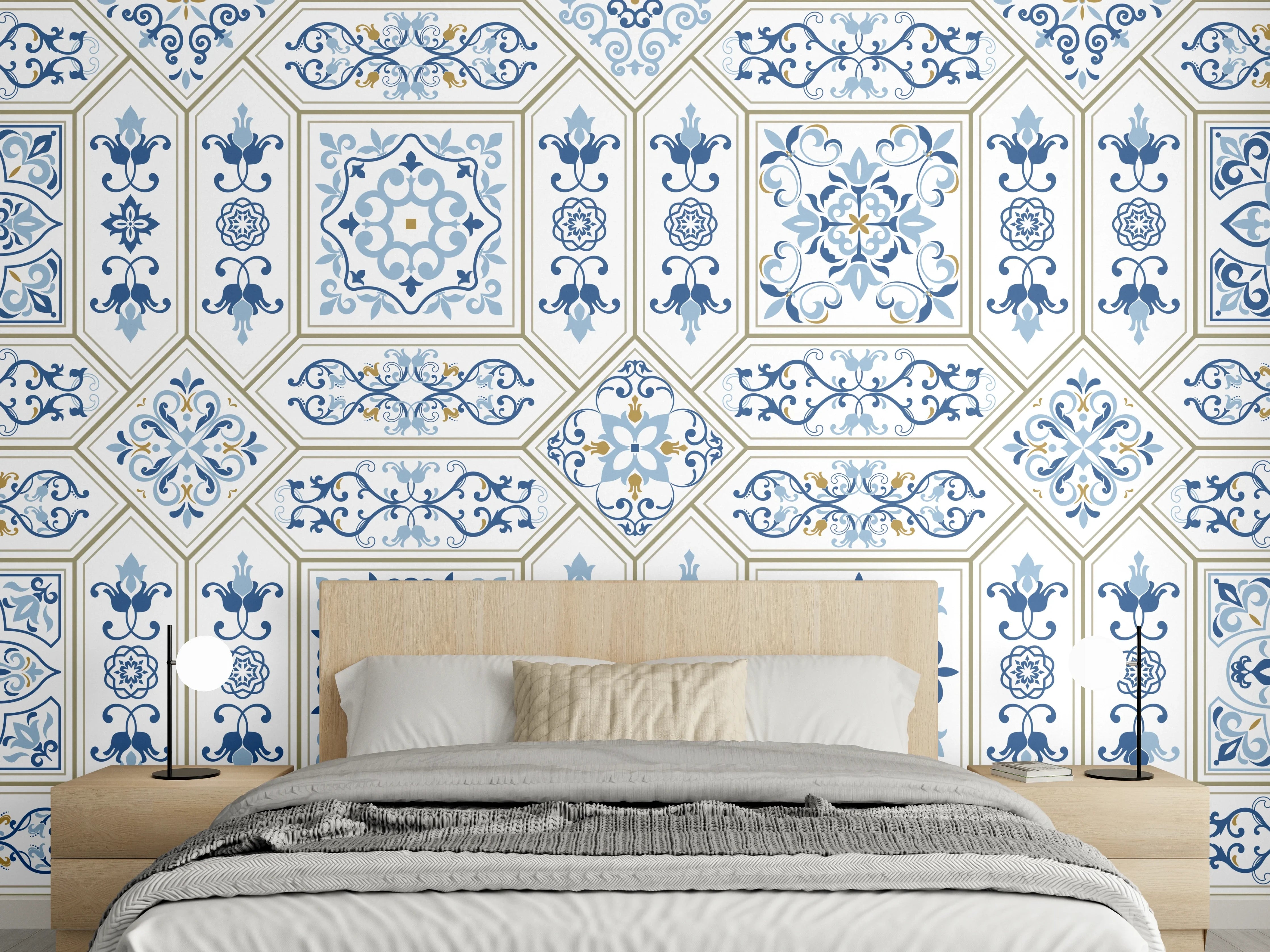 Wandverkleidung Schlafzimmer - Geometrisches Blau-Weiß-Muster