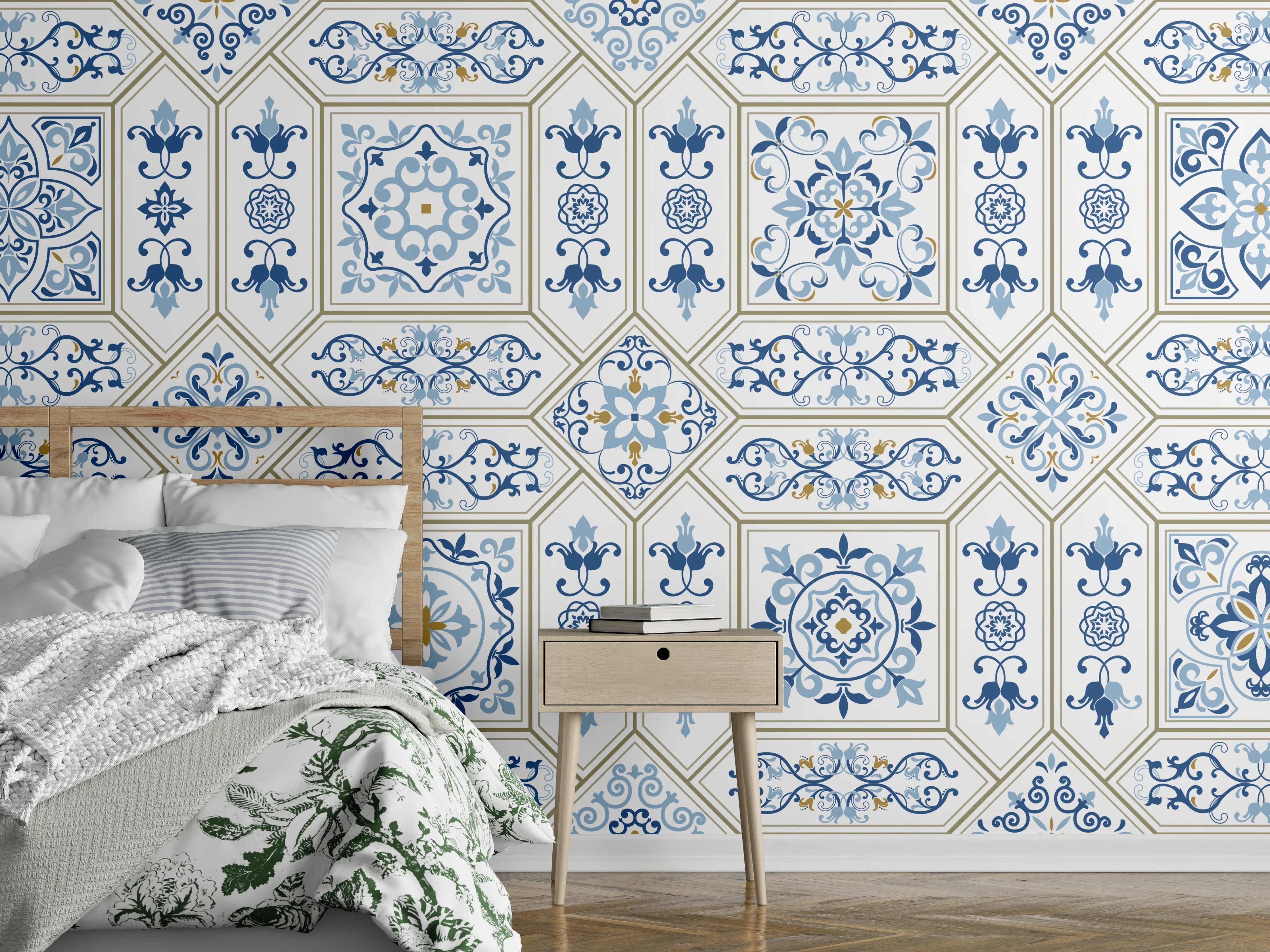 Wandverkleidung Schlafzimmer - Geometrisches Blau-Weiß-Muster
