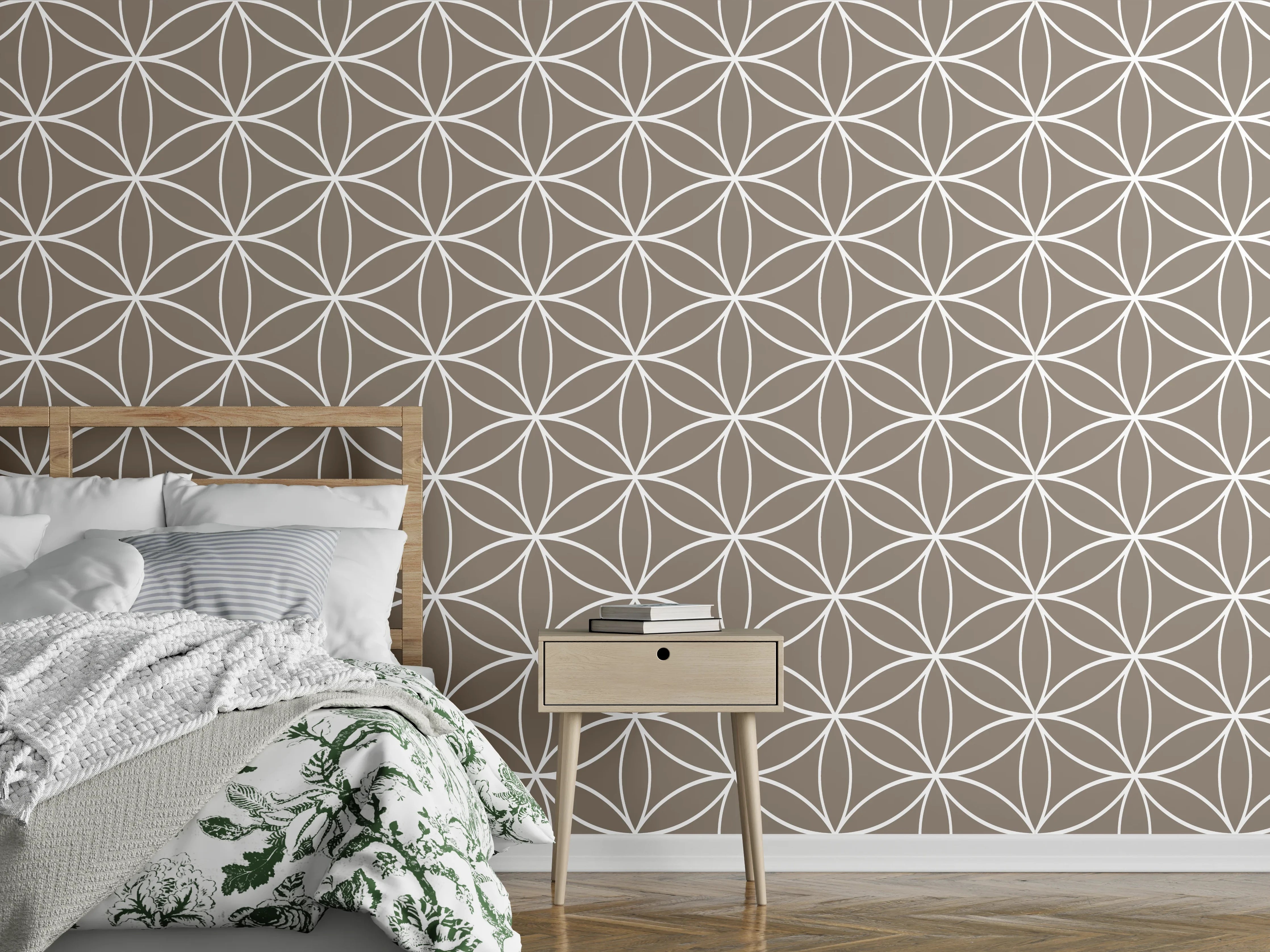 Wandverkleidung Schlafzimmer - Geometrisches Blumenmuster in Beige-Weiß