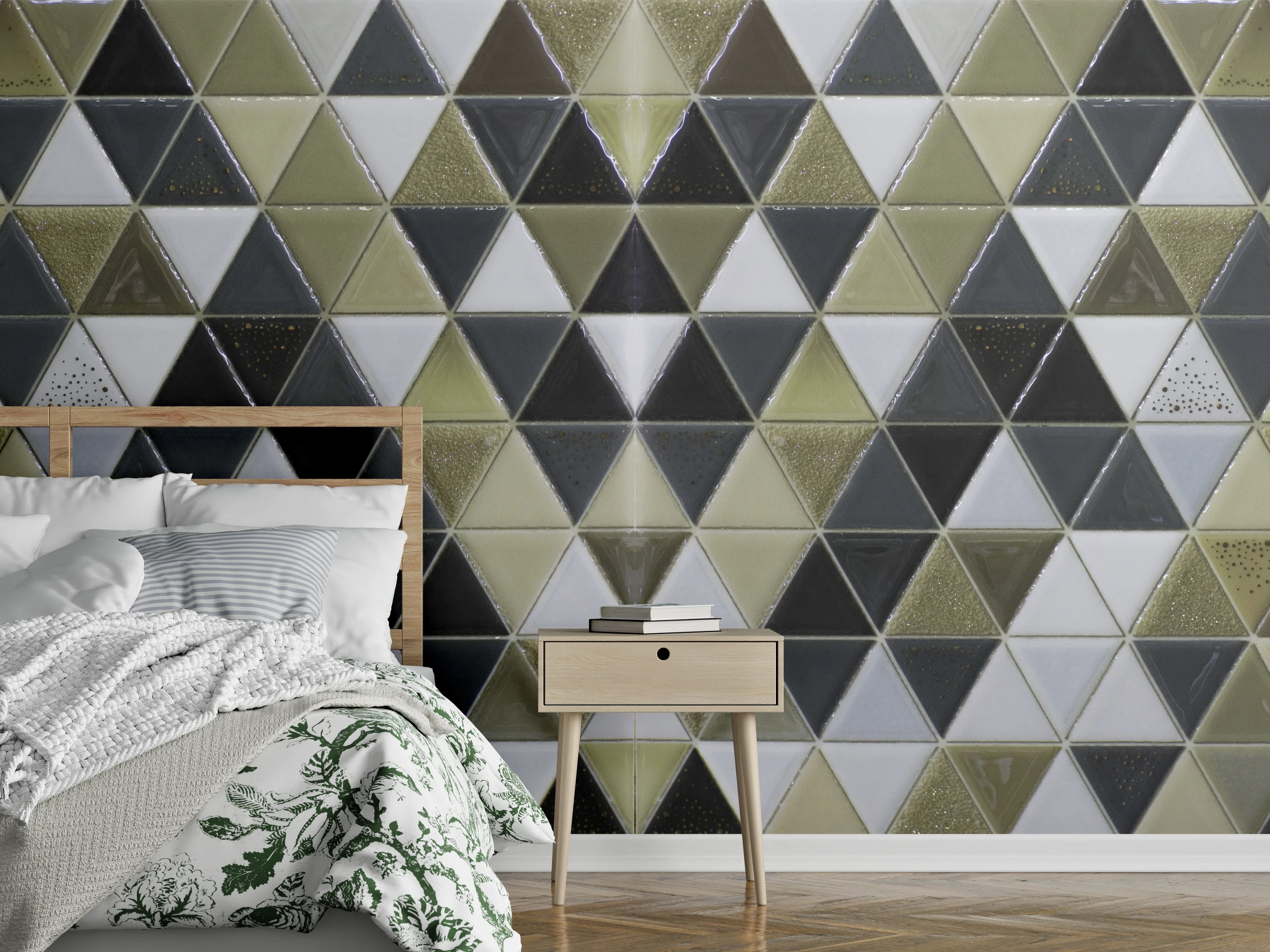 Wandverkleidung Schlafzimmer - Geometrisches Fliesenmuster Schwarz Weiß Gold