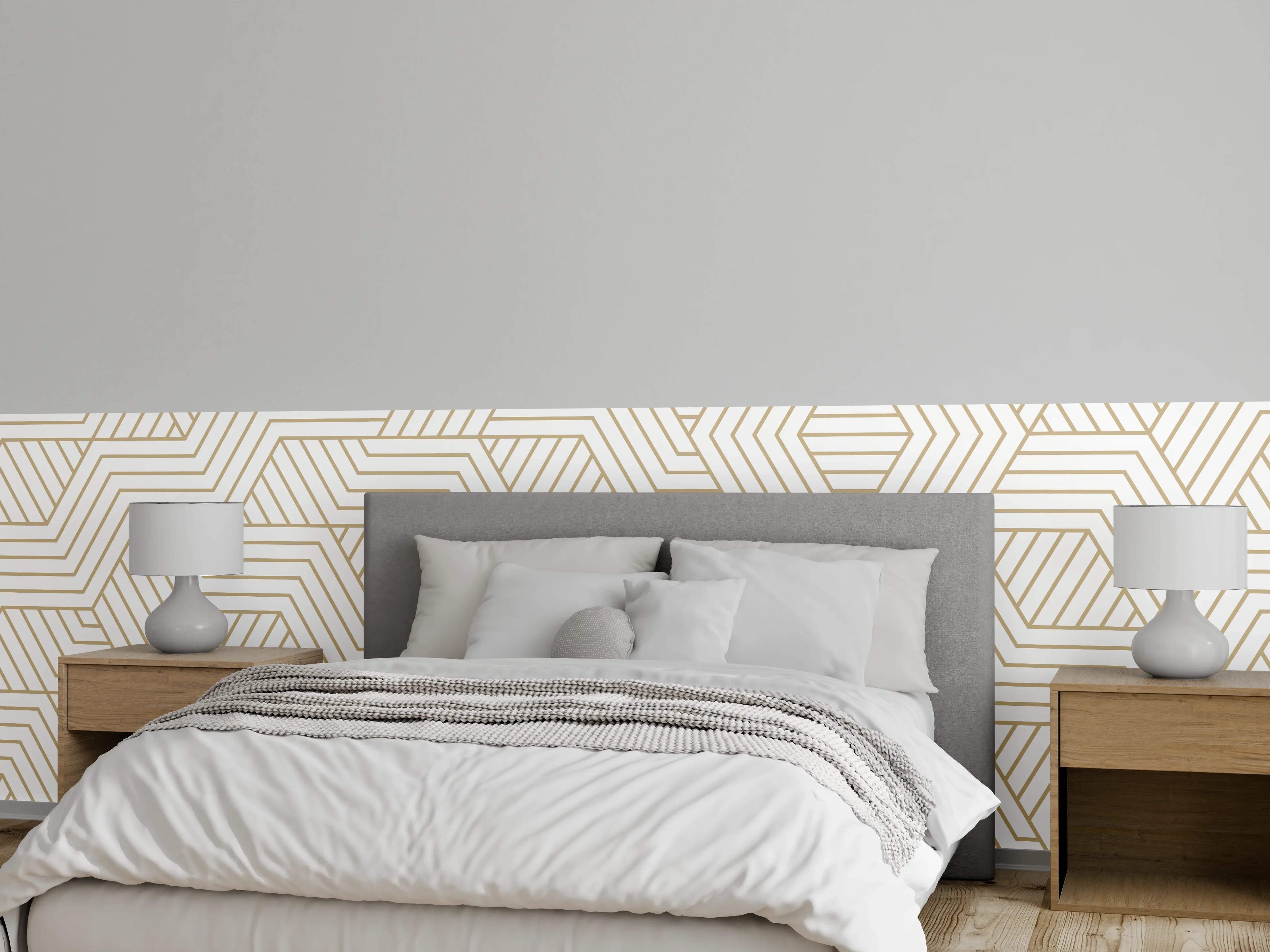 Wandverkleidung Schlafzimmer - Geometrisches Gold-Weiß Muster