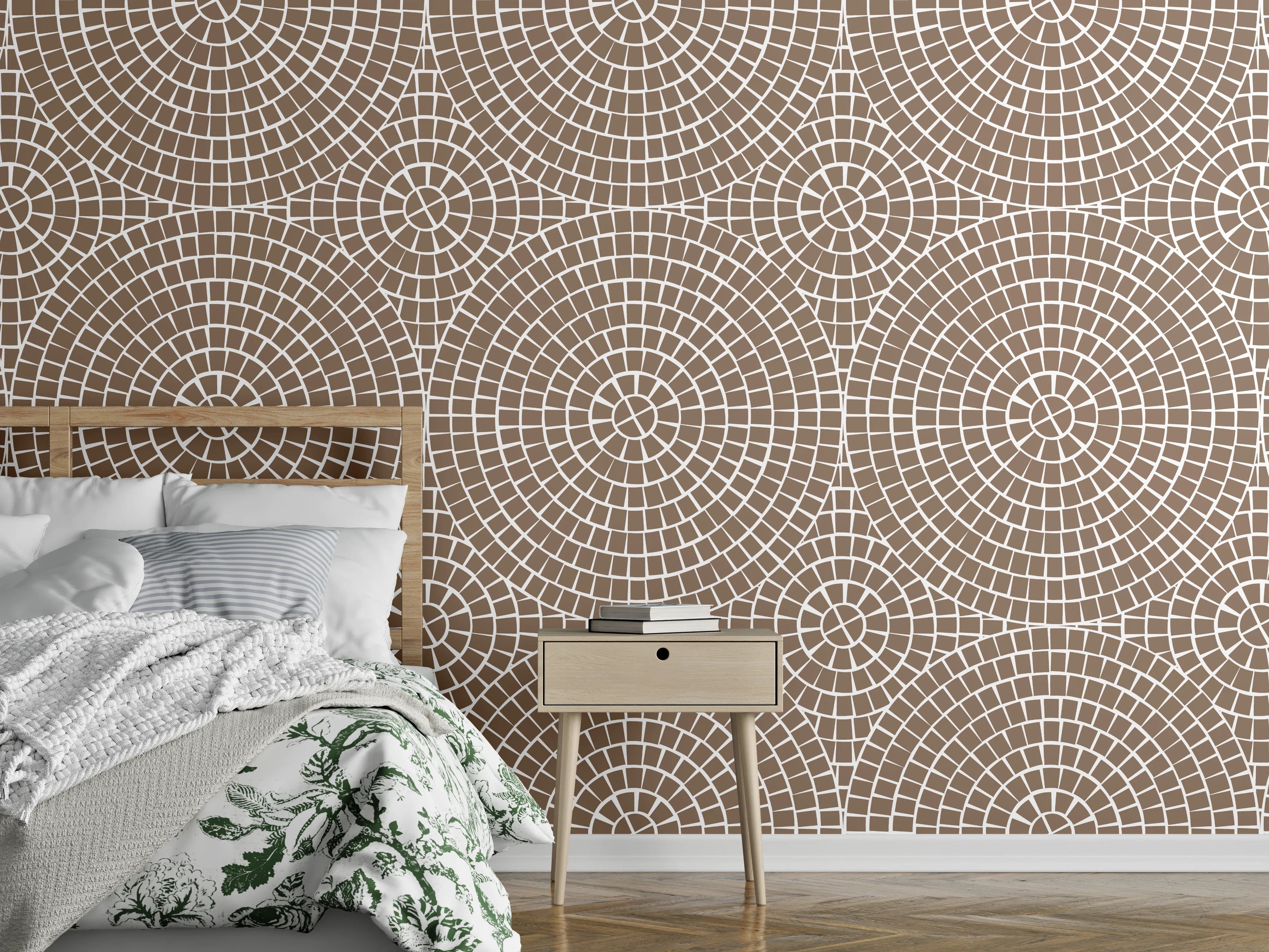 Wandverkleidung Schlafzimmer - Geometrisches Kreis-Muster in Beige-Braun
