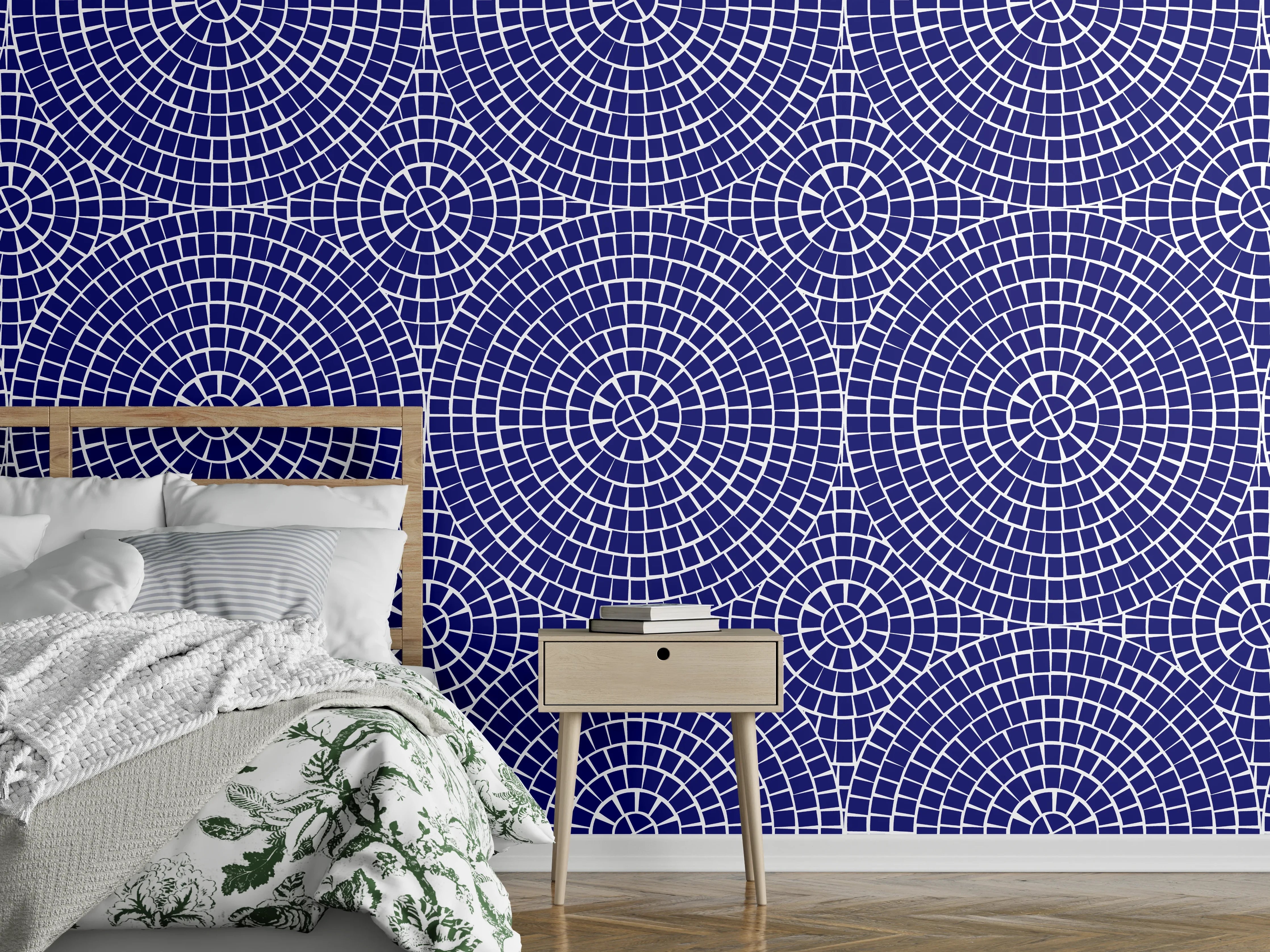 Wandverkleidung Schlafzimmer - Geometrisches Kreislinien-Muster in Blau
