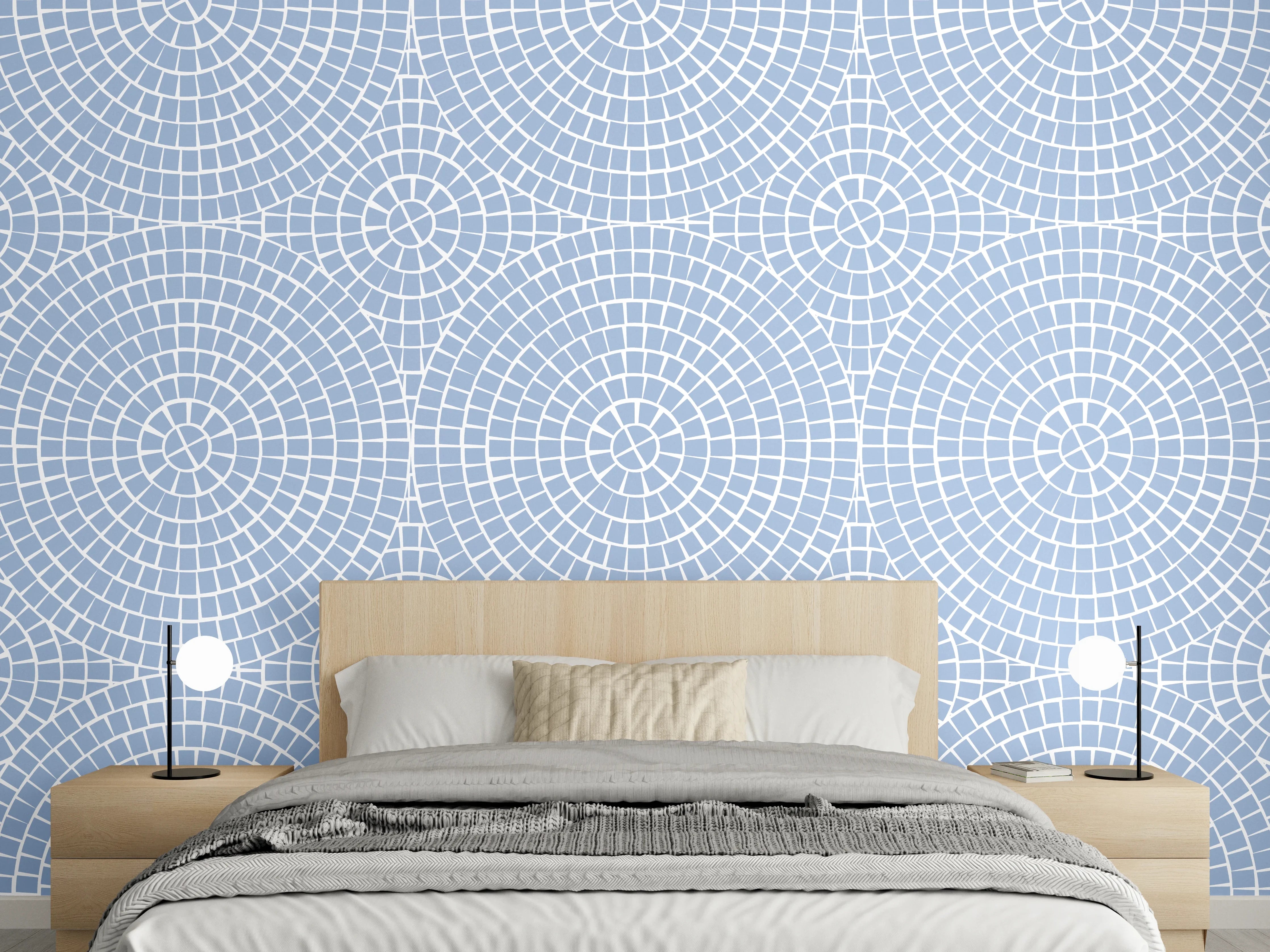 Wandverkleidung Schlafzimmer - Geometrisches Kreislinienmuster auf Blau