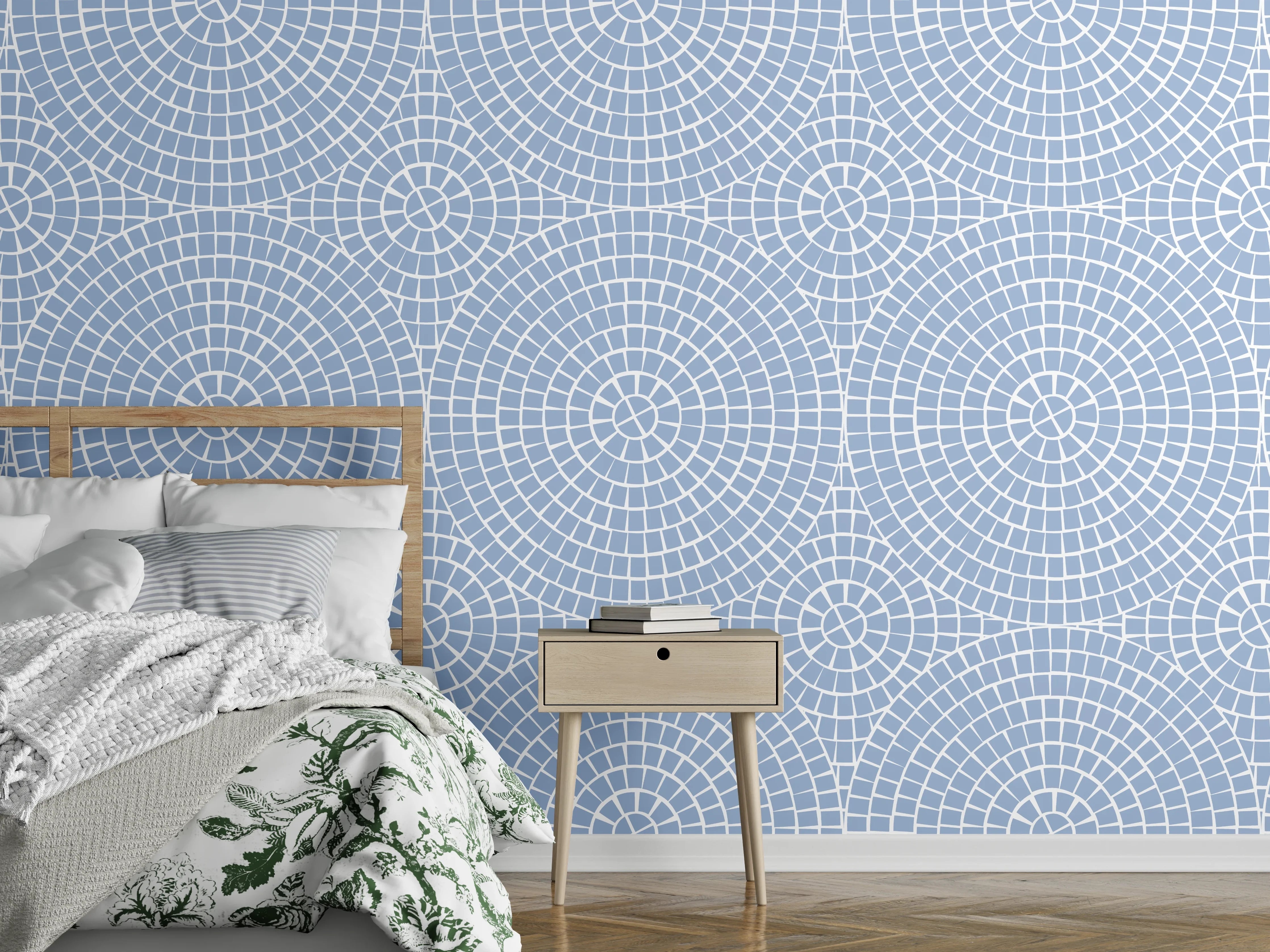 Wandverkleidung Schlafzimmer - Geometrisches Kreislinienmuster auf Blau