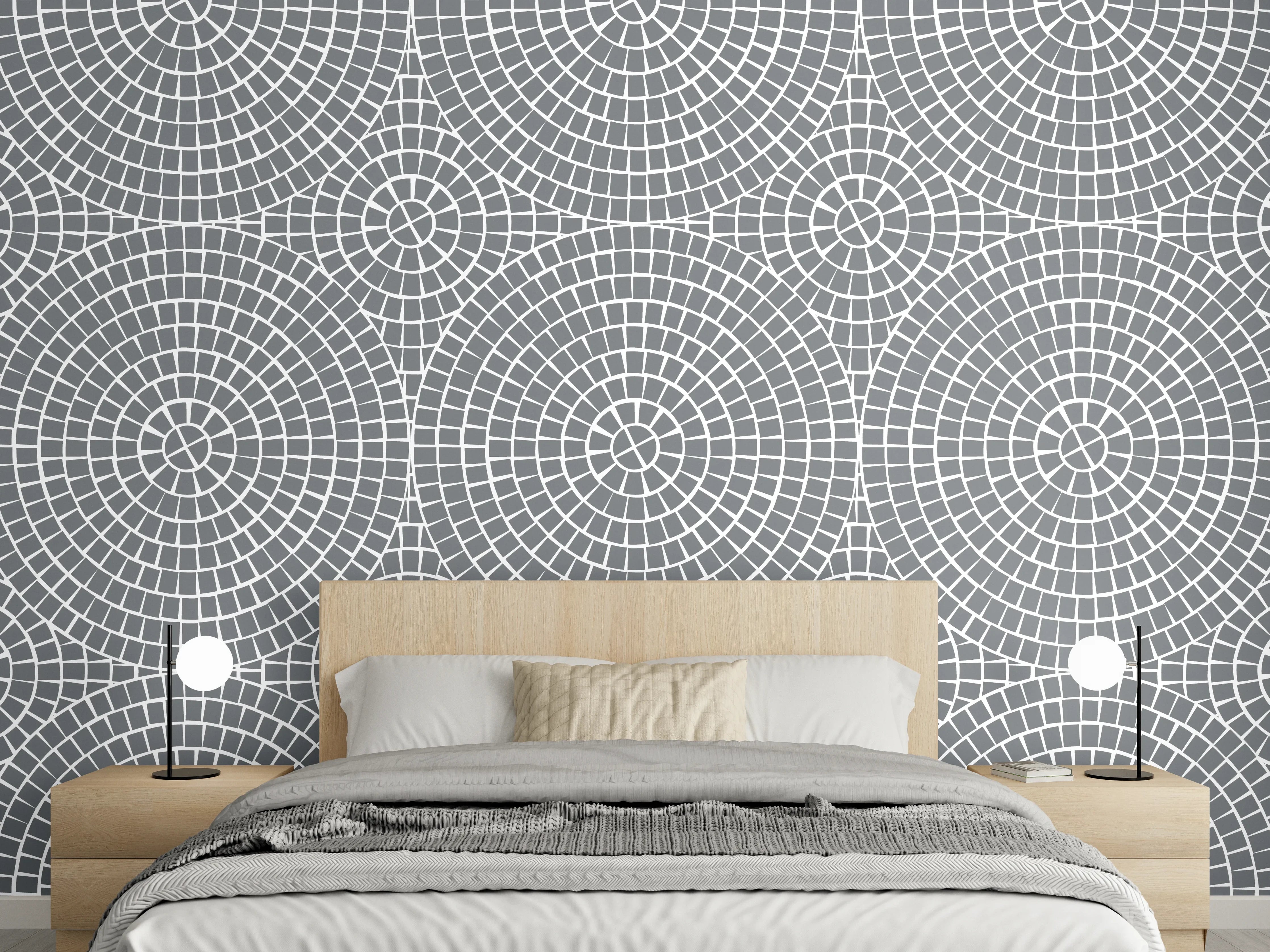Wandverkleidung Schlafzimmer - Geometrisches Kreismuster Grau-Weiß Optik
