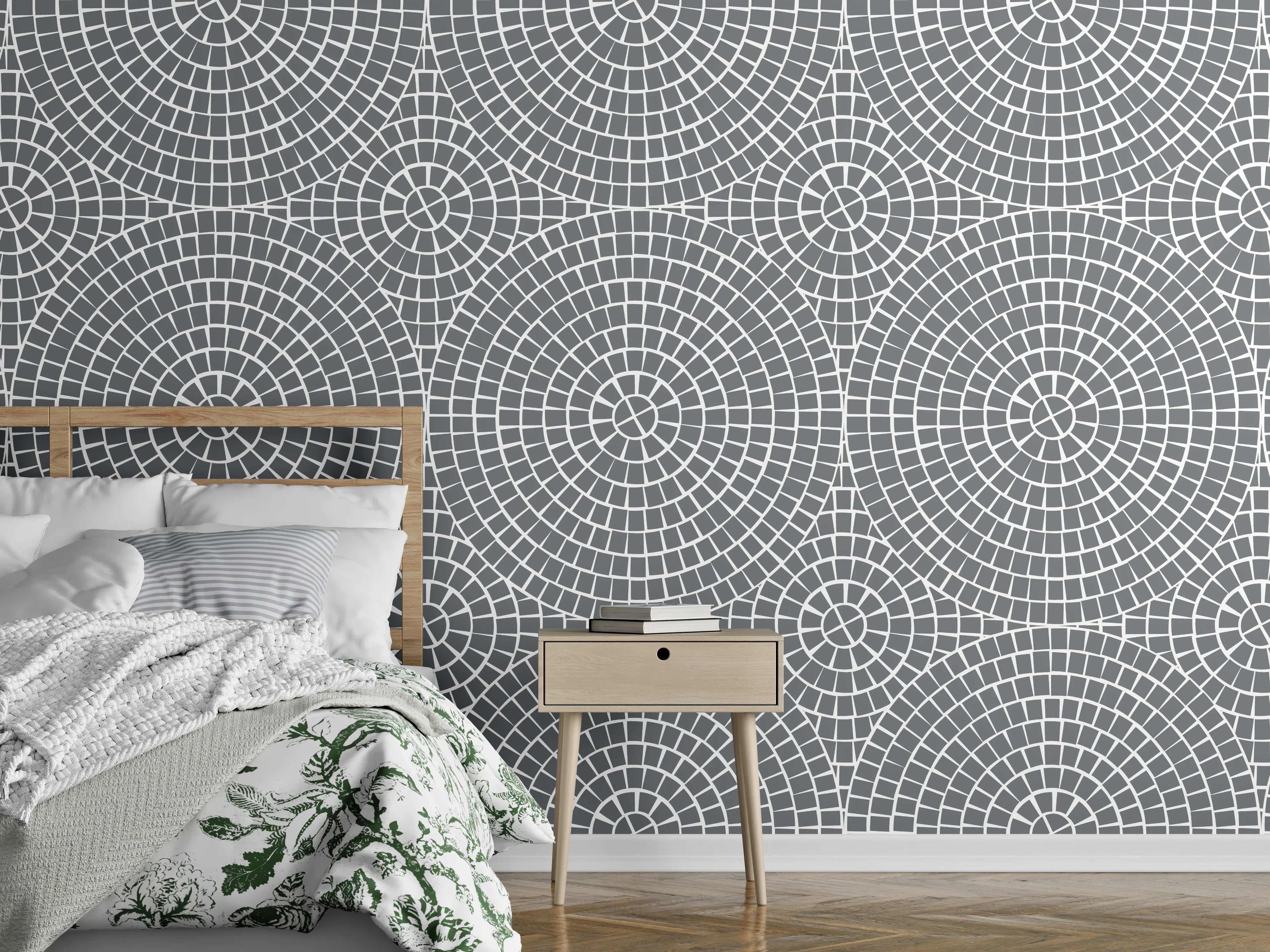 Wandverkleidung Schlafzimmer - Geometrisches Kreismuster Grau-Weiß Optik