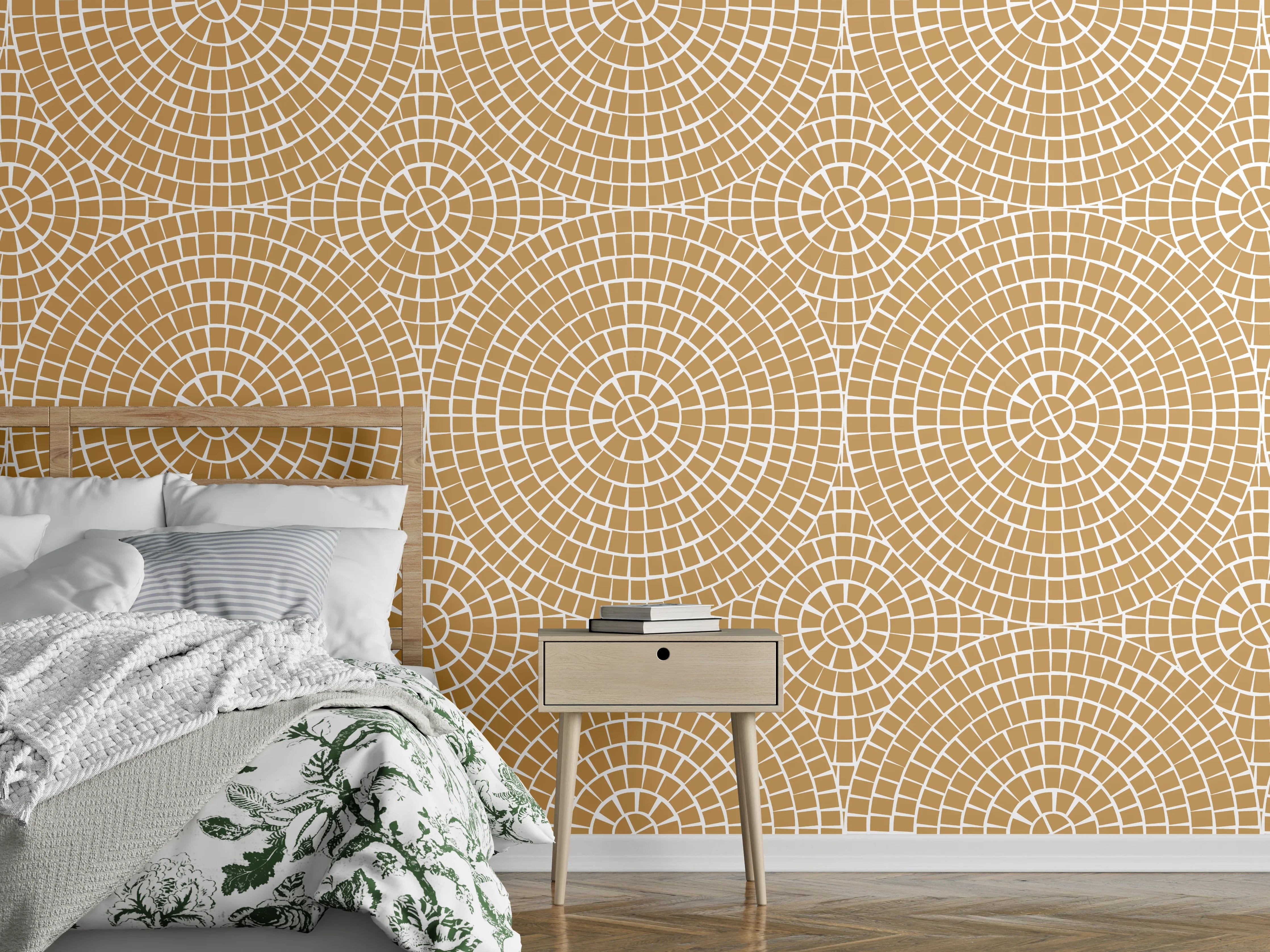 Wandverkleidung Schlafzimmer - Geometrisches Kreismuster in Beige und Weiß