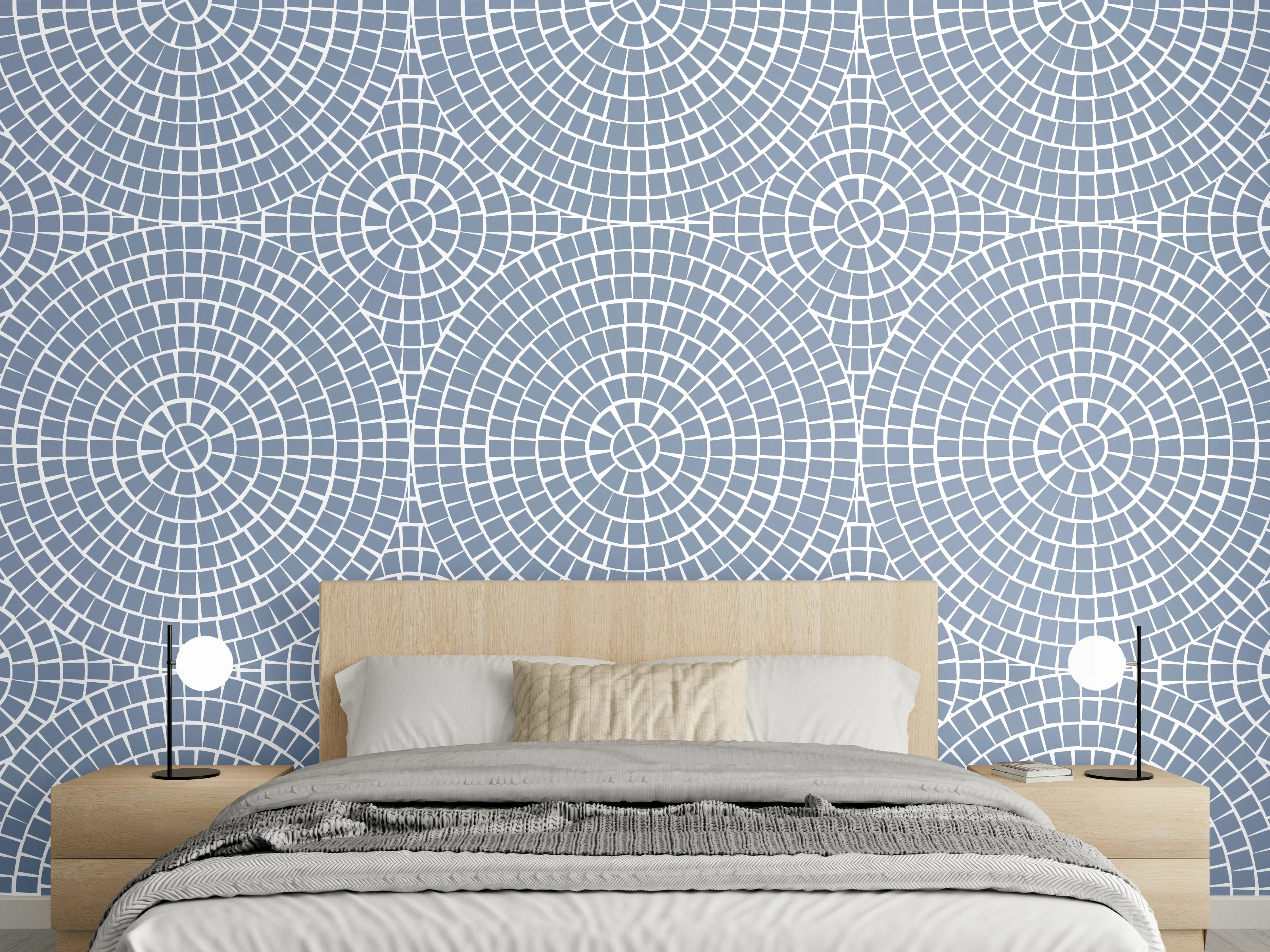 Wandverkleidung Schlafzimmer - Geometrisches Kreismuster in Grau-Blau