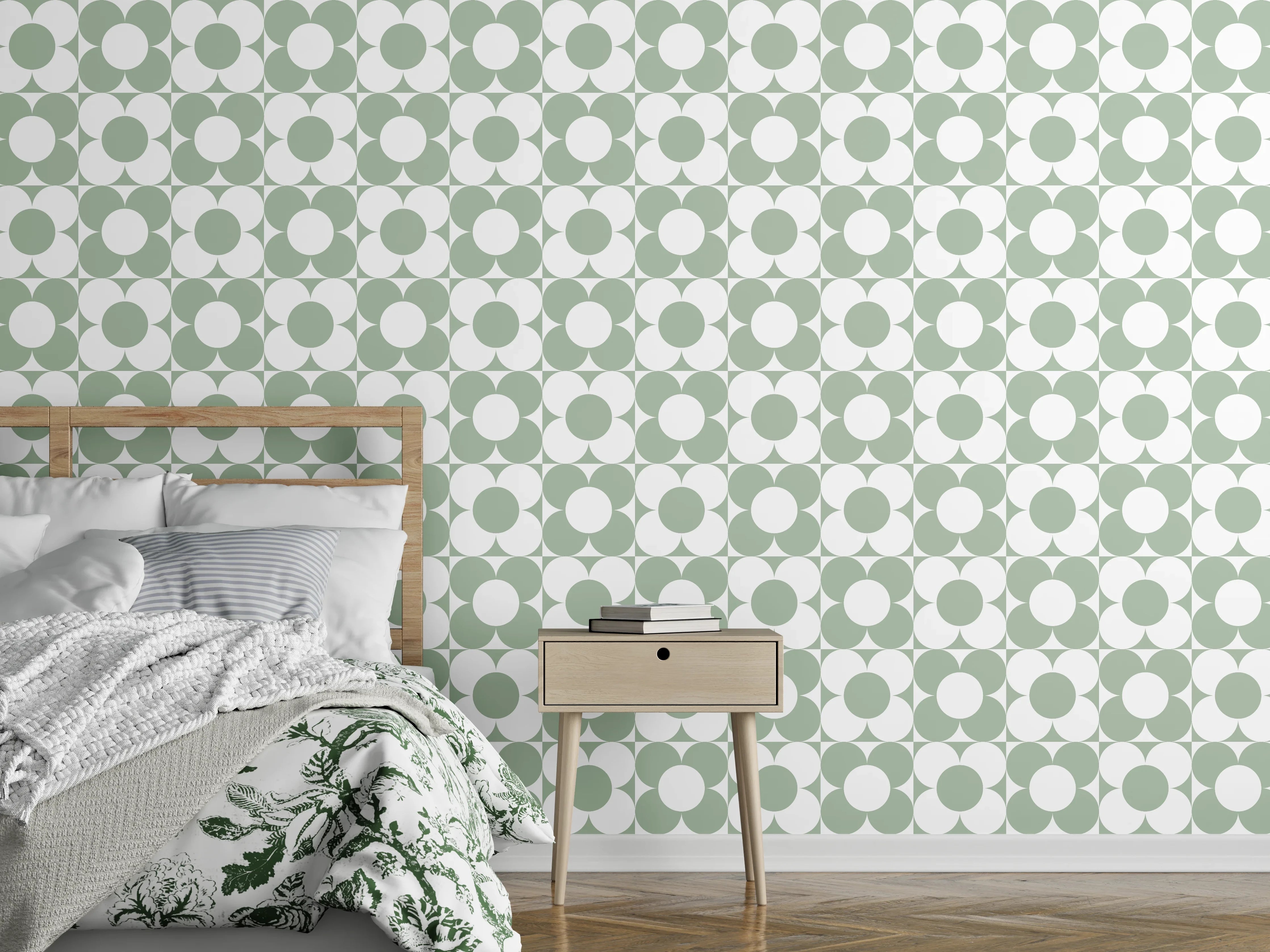 Wandverkleidung Schlafzimmer - Geometrisches Kreismuster in Grün und Weiß