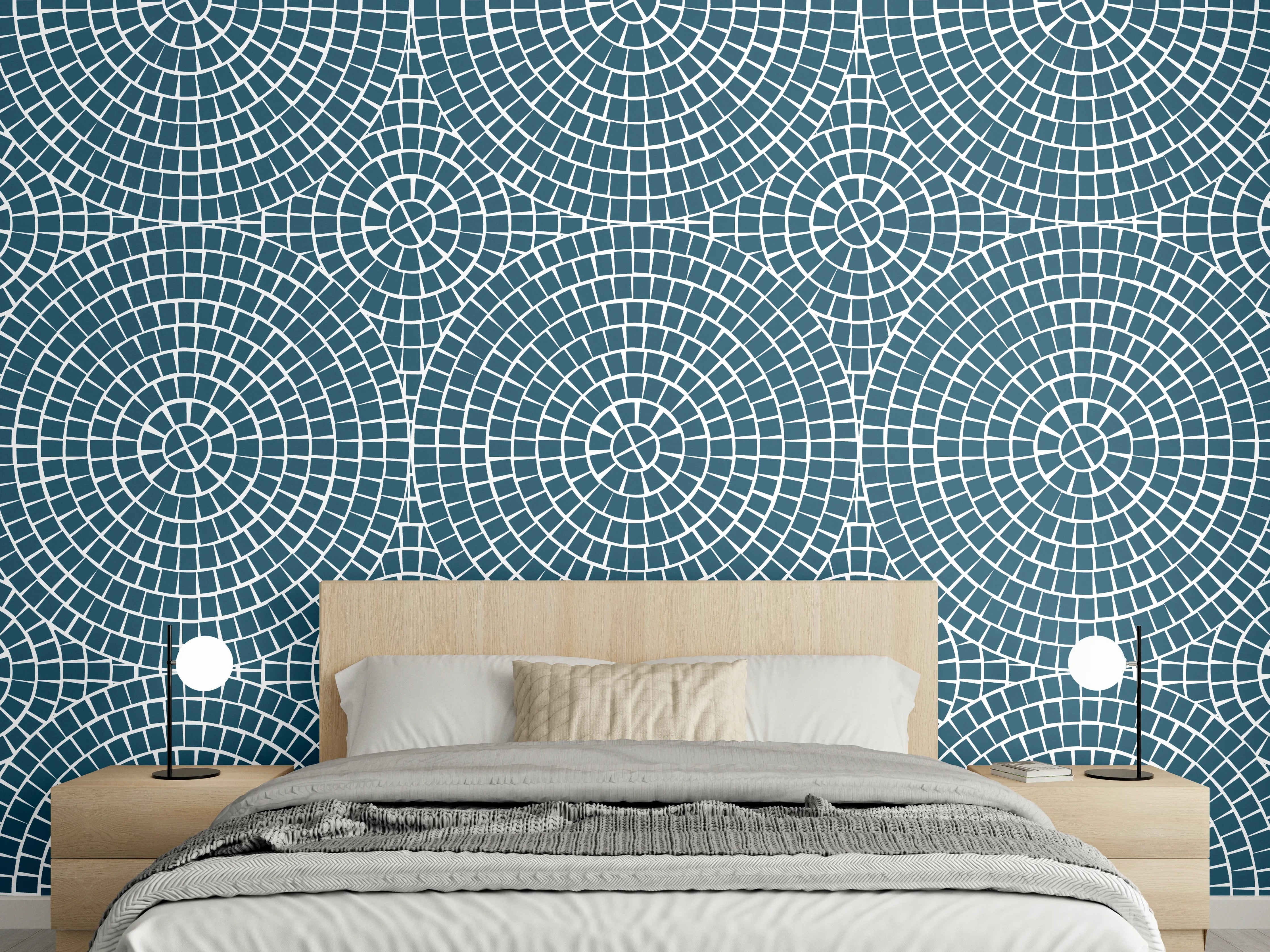 Wandverkleidung Schlafzimmer - Geometrisches Kreismuster in Türkisweiß