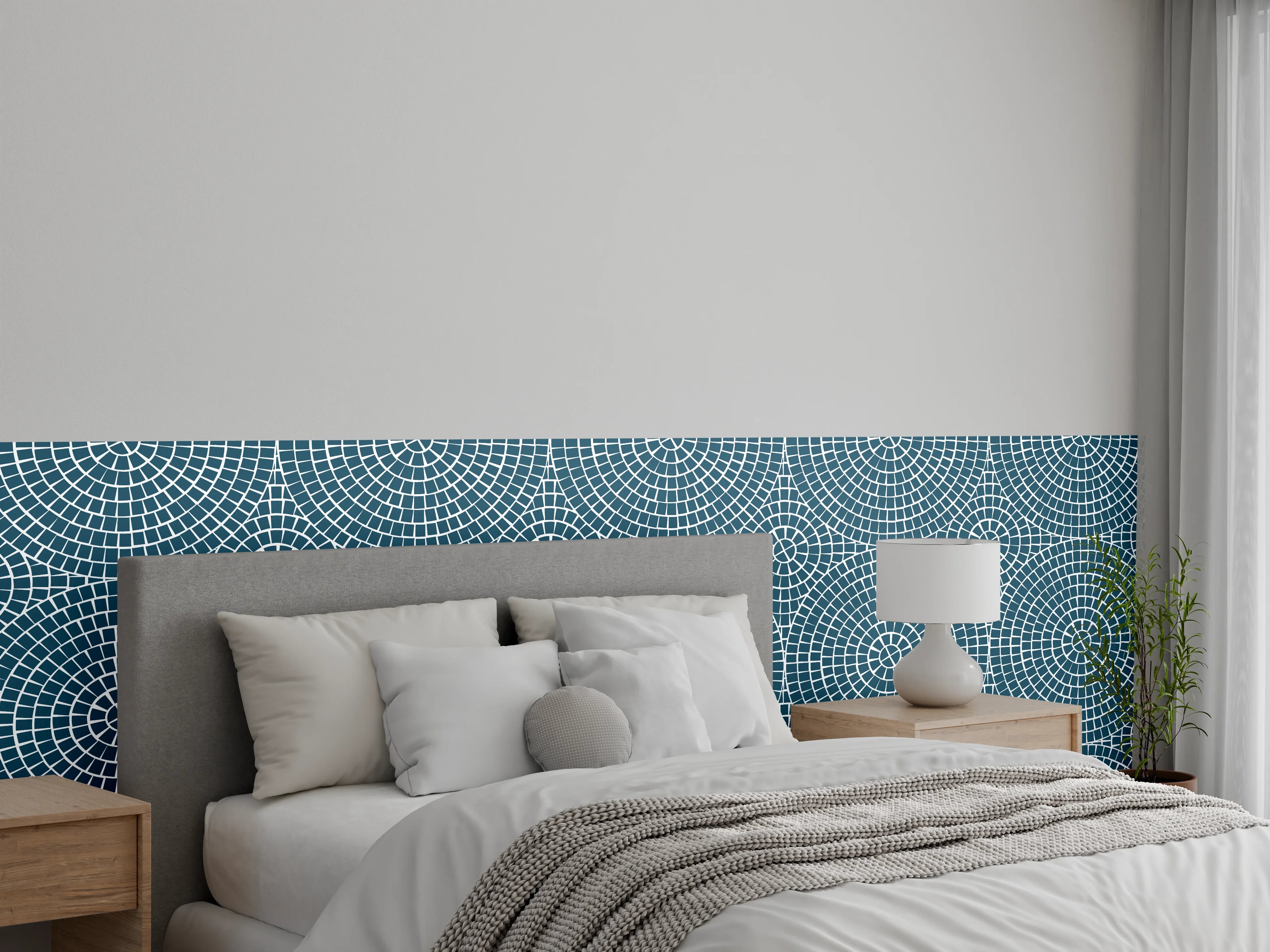 Wandverkleidung Schlafzimmer - Geometrisches Kreismuster in Türkisweiß