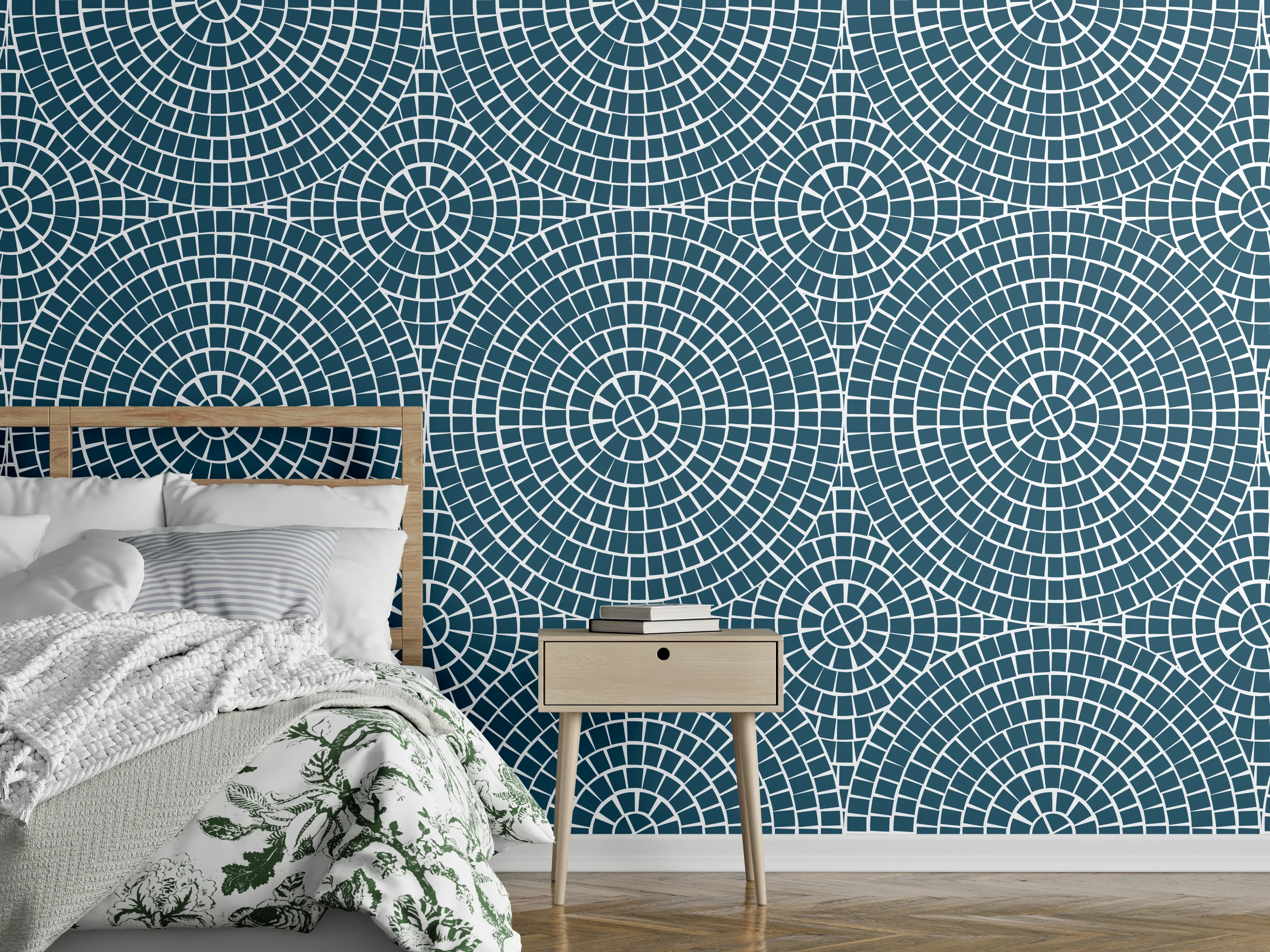 Wandverkleidung Schlafzimmer - Geometrisches Kreismuster in Türkisweiß
