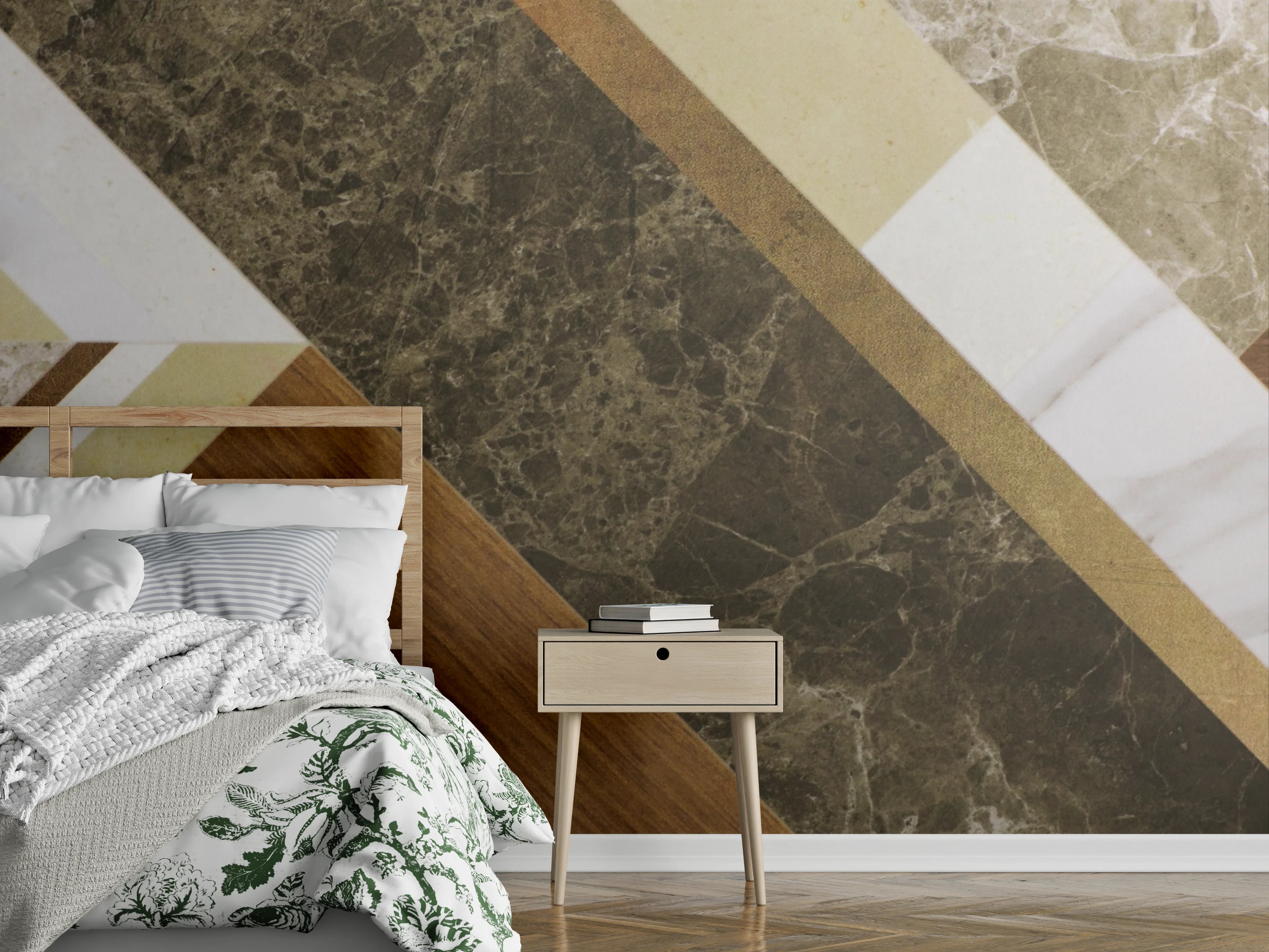 Wandverkleidung Schlafzimmer - Geometrisches Marmor-Muster Braun Beige