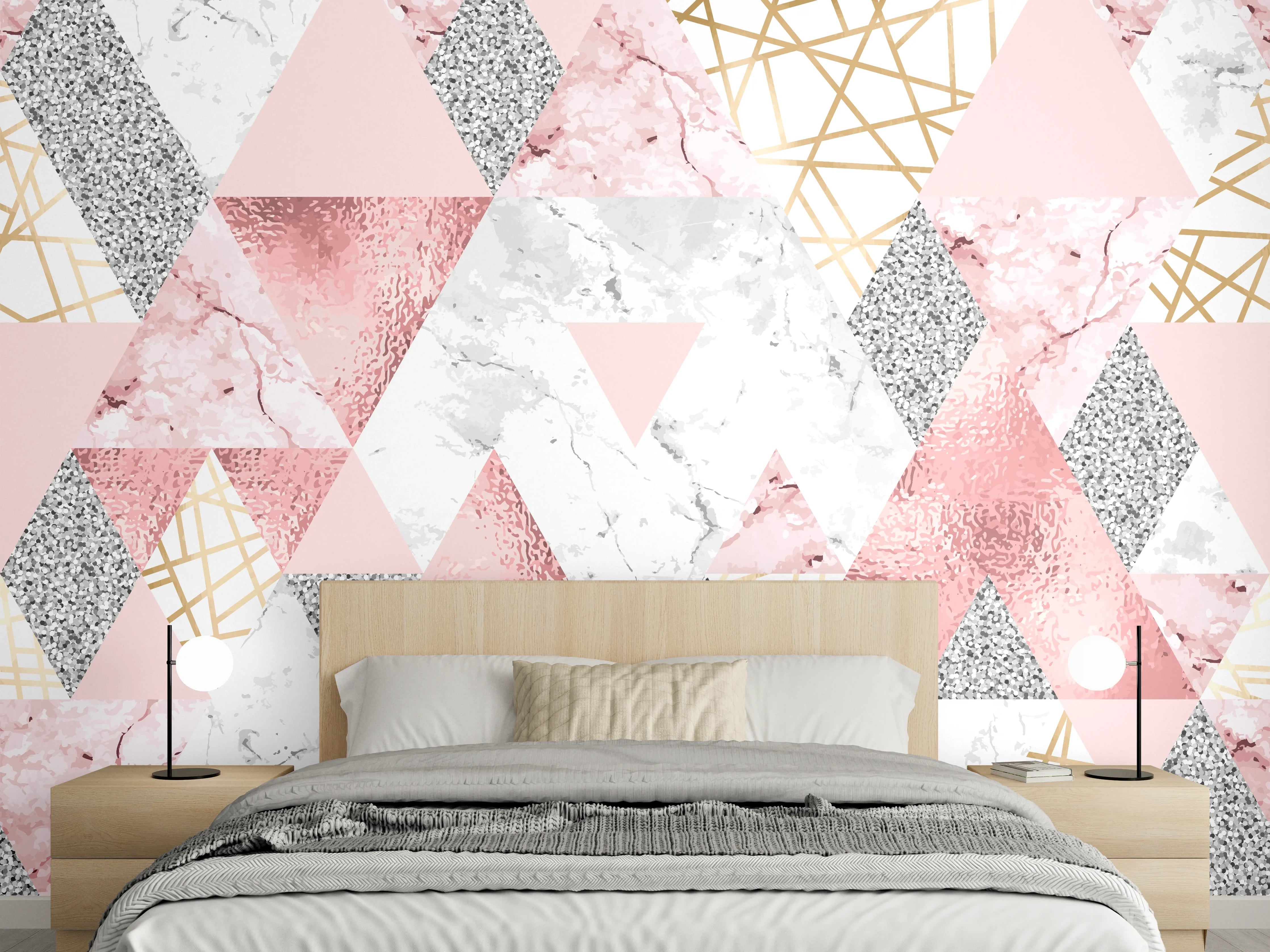 Wandverkleidung Schlafzimmer - Geometrisches Marmor-Muster in Rosa-Gold