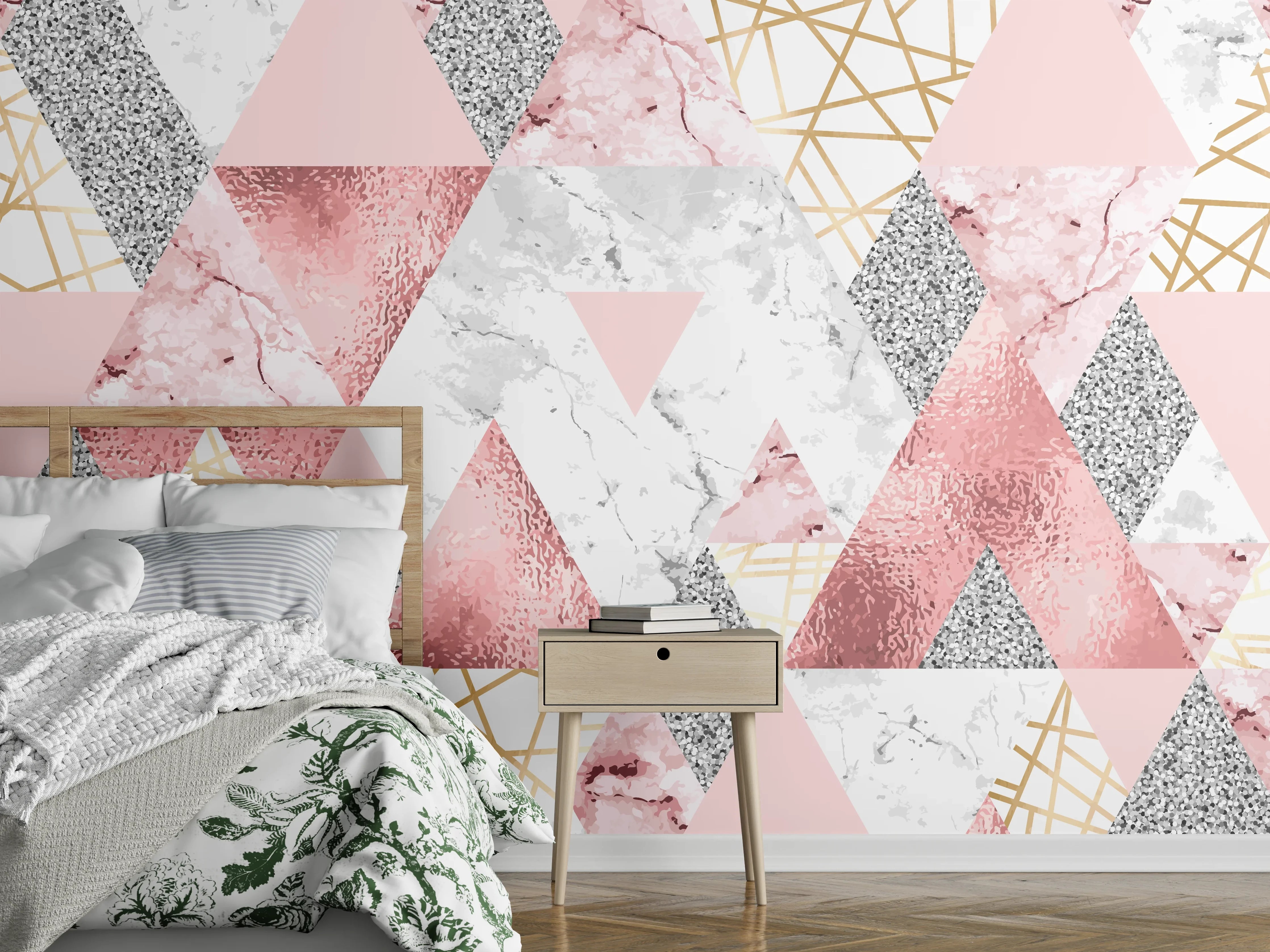 Wandverkleidung Schlafzimmer - Geometrisches Marmor-Muster in Rosa-Gold