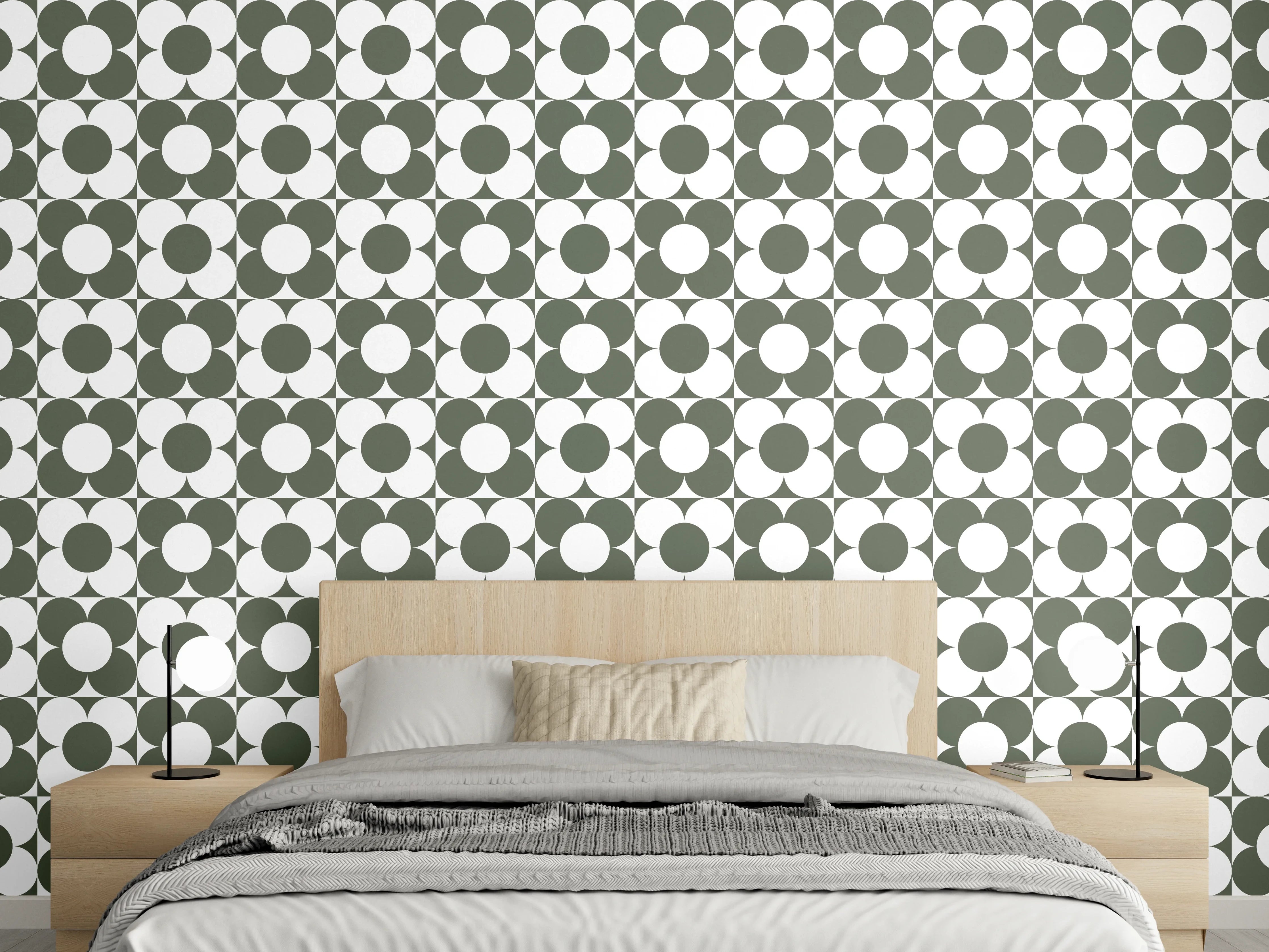 Wandverkleidung Schlafzimmer - Geometrisches Muster grün-weiß, retro