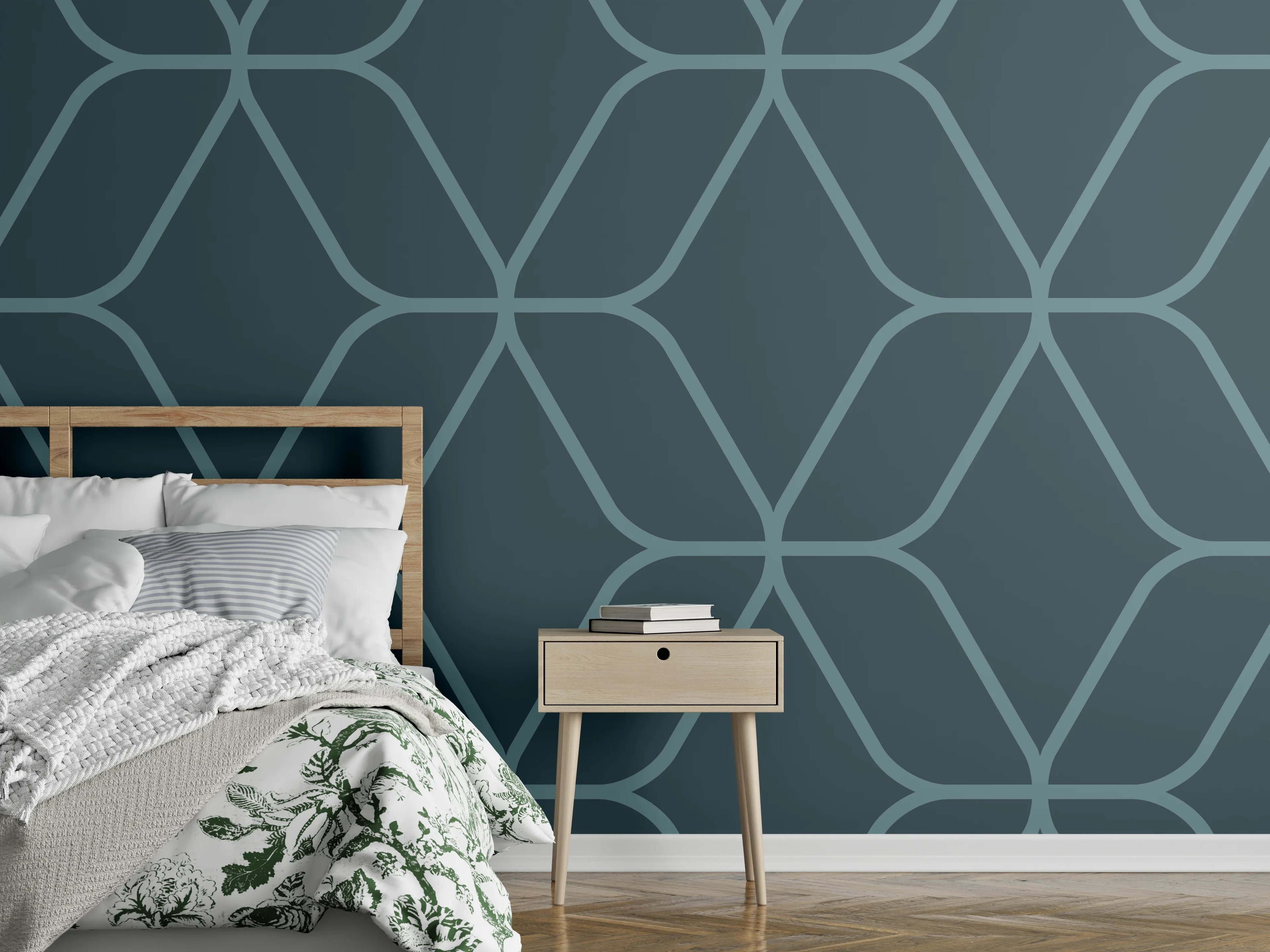 Wandverkleidung Schlafzimmer - Geometrisches Muster in Blau