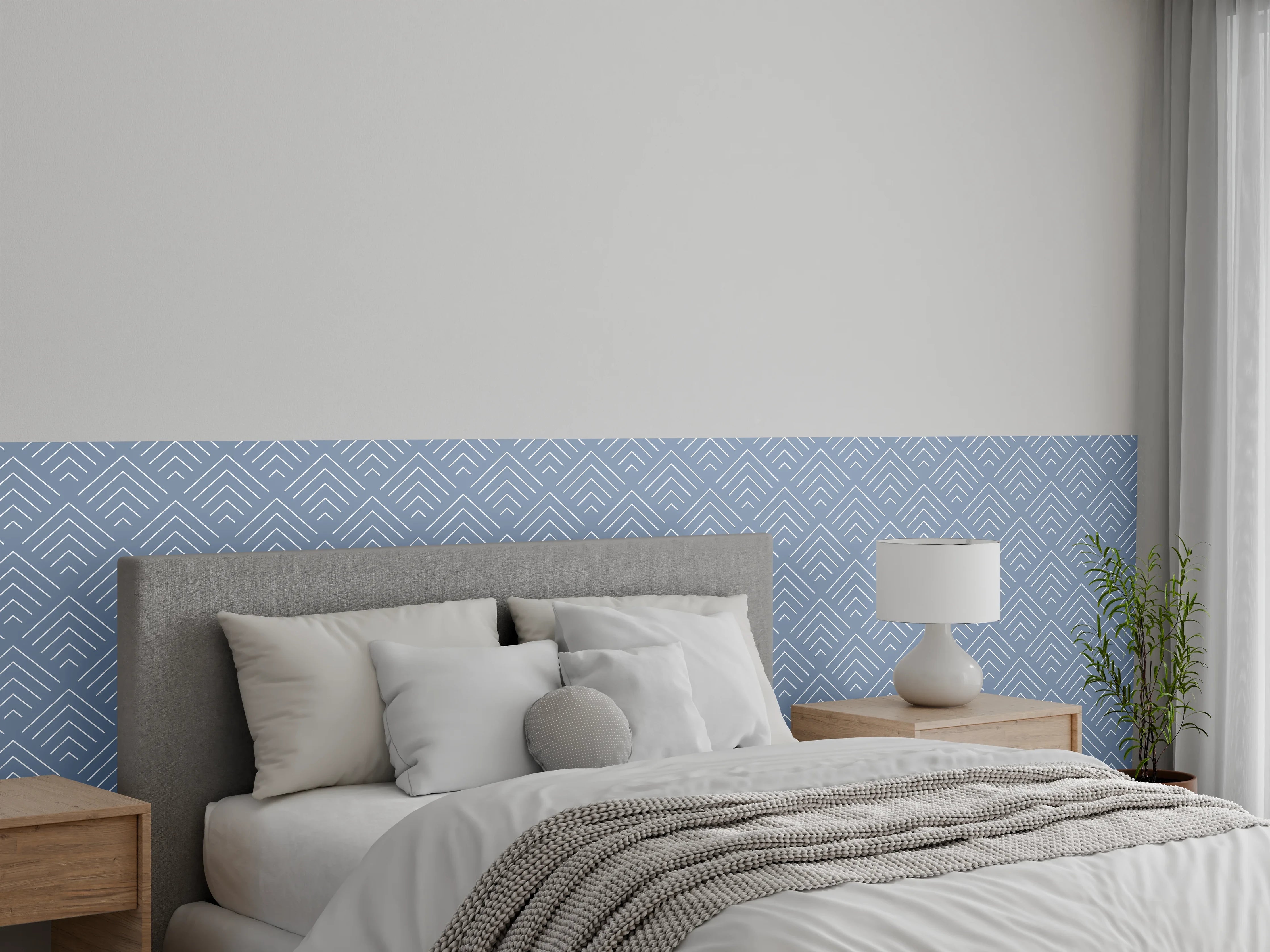 Wandverkleidung Schlafzimmer - Geometrisches Muster in Grau- und Blautönen