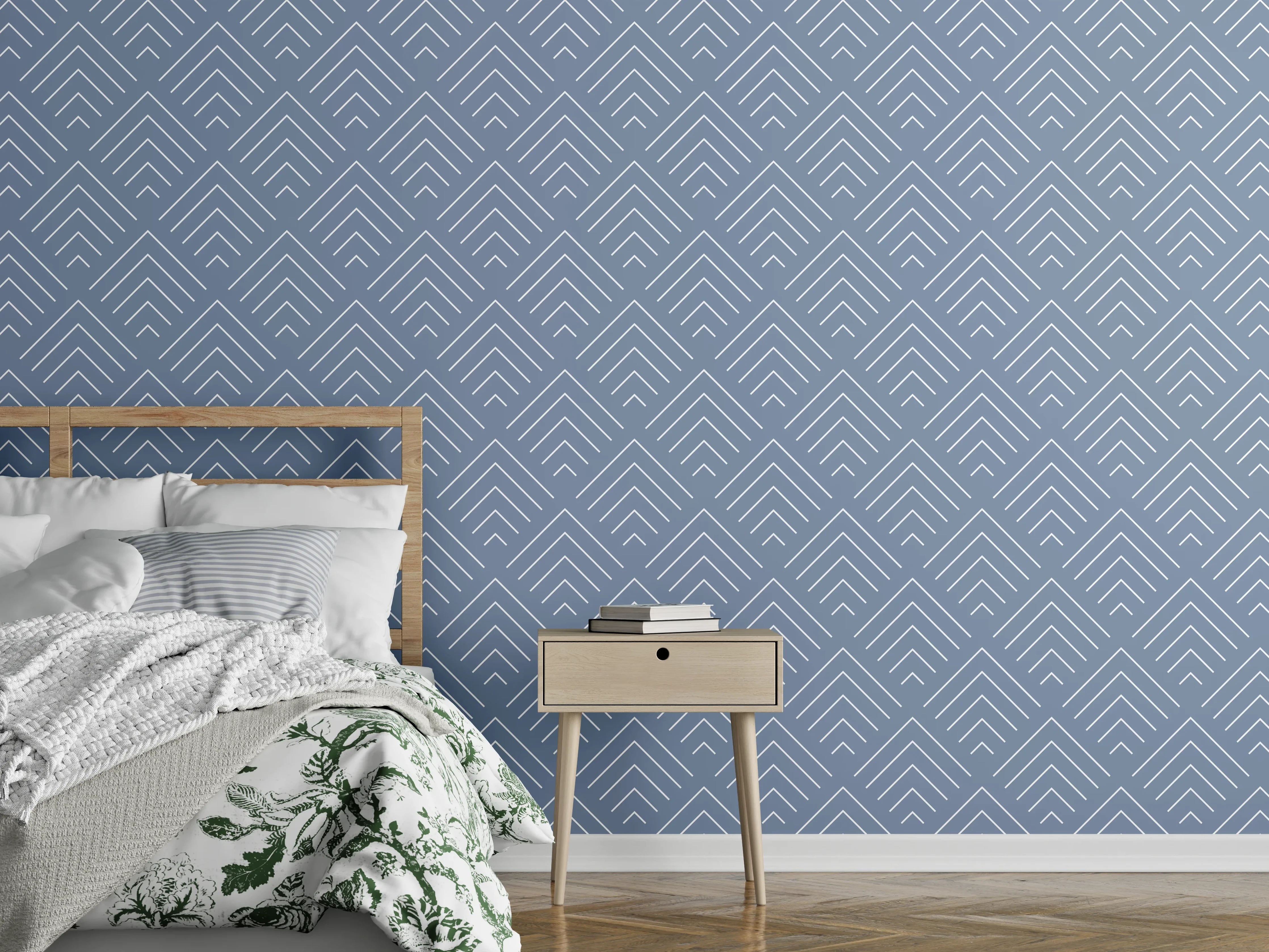 Wandverkleidung Schlafzimmer - Geometrisches Muster in Grau- und Blautönen