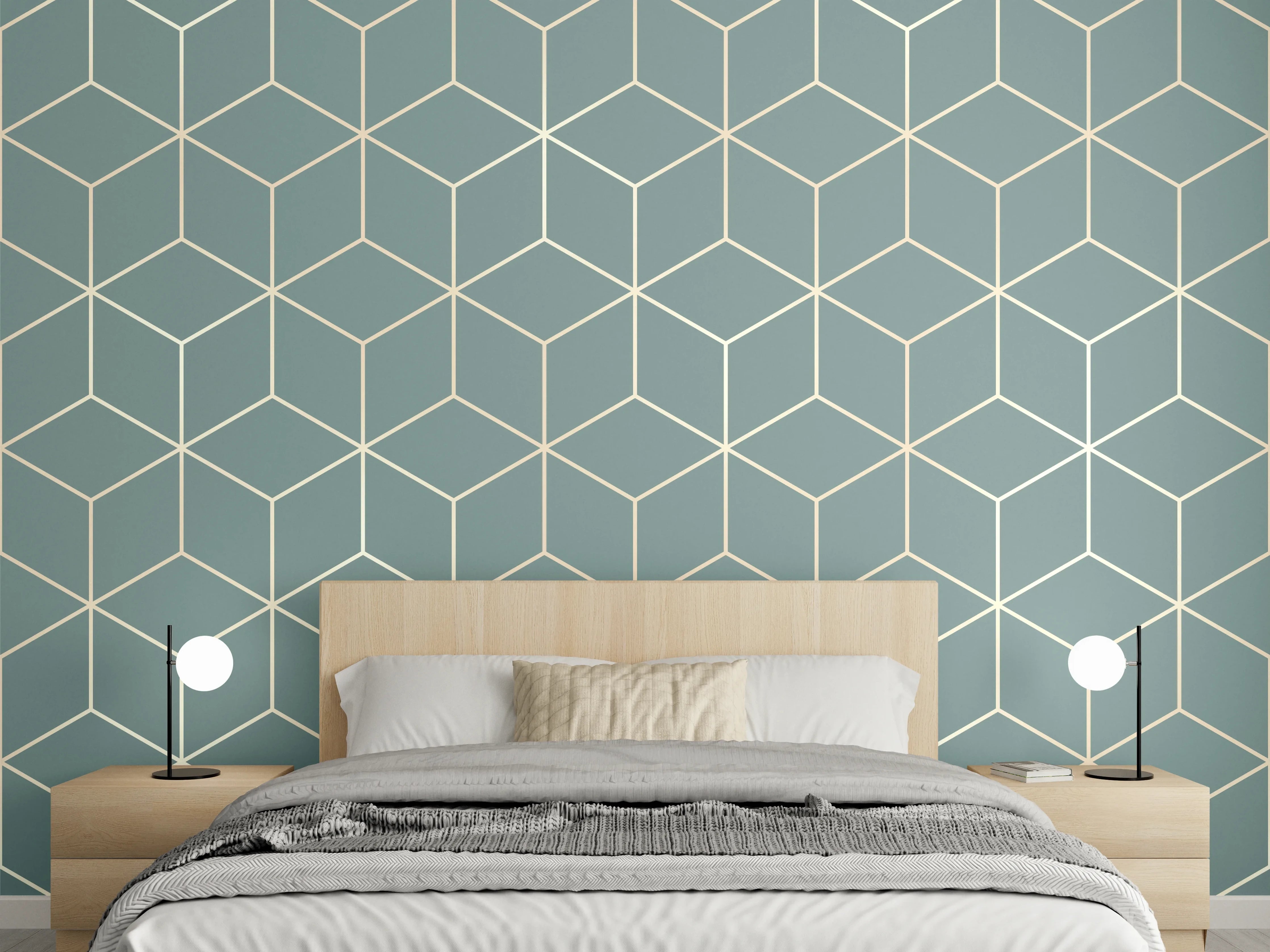 Wandverkleidung Schlafzimmer - Geometrisches Muster in Grau-Mint-Kombi