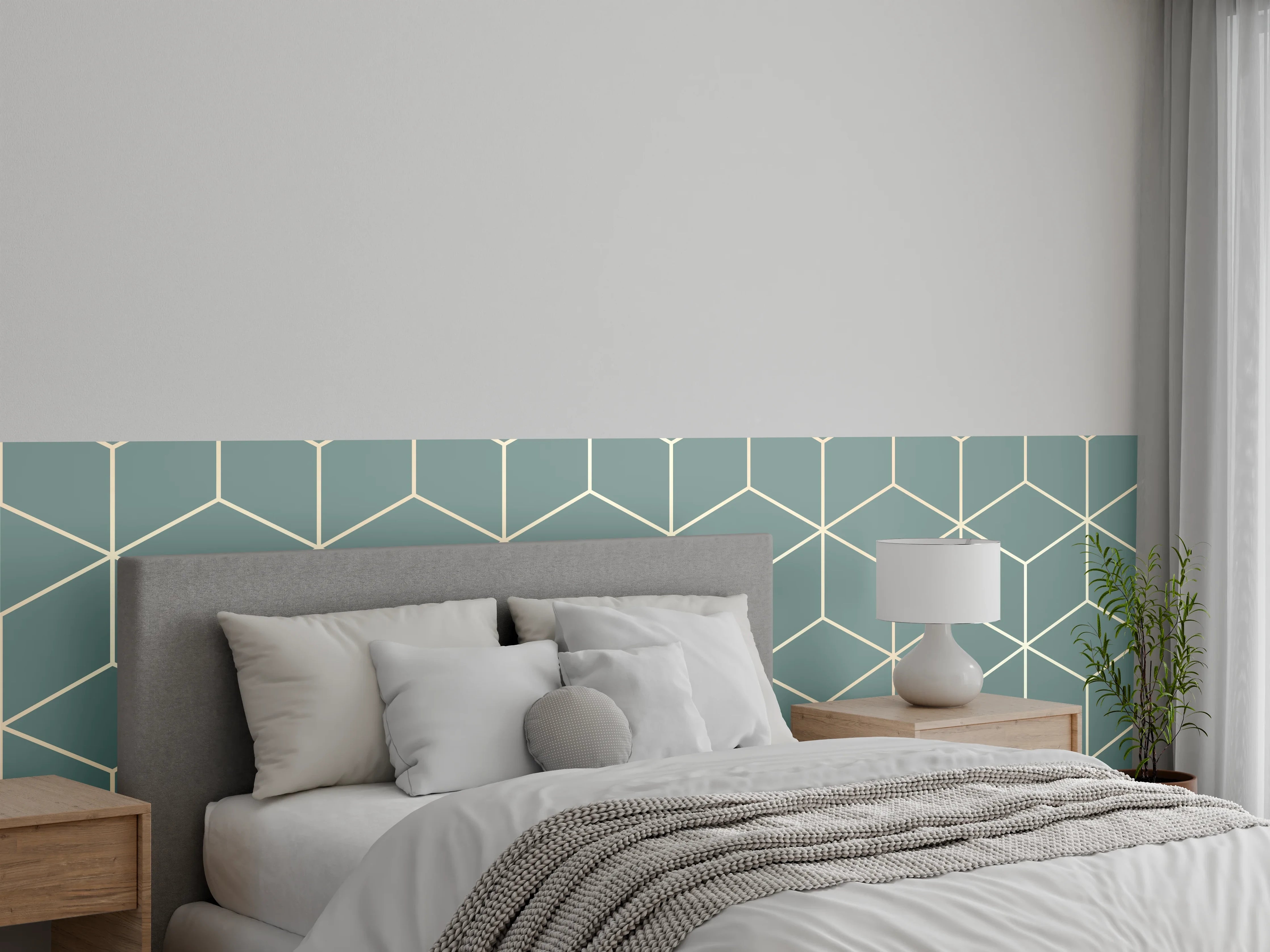 Wandverkleidung Schlafzimmer - Geometrisches Muster in Grau-Mint-Kombi