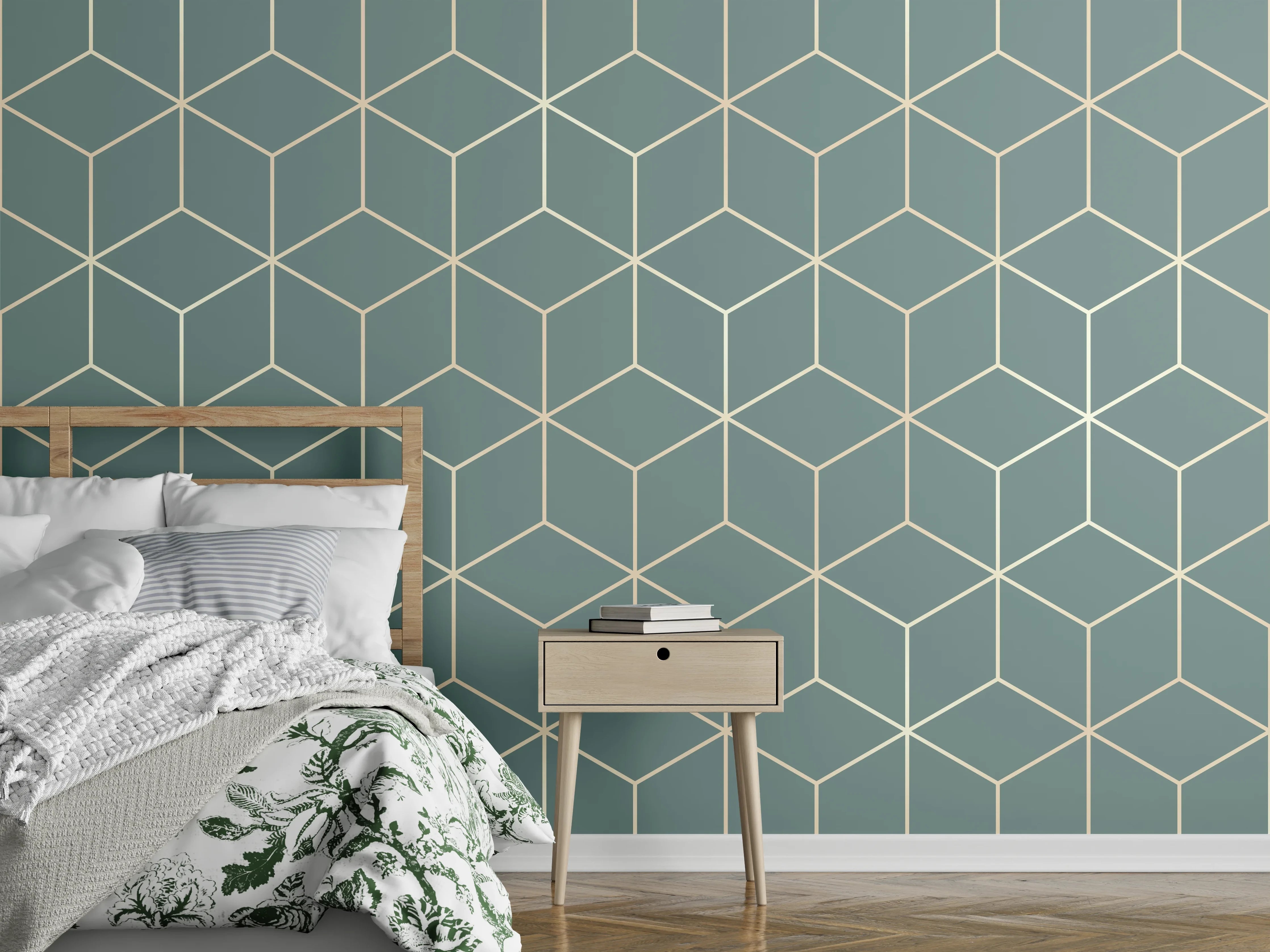 Wandverkleidung Schlafzimmer - Geometrisches Muster in Grau-Mint-Kombi