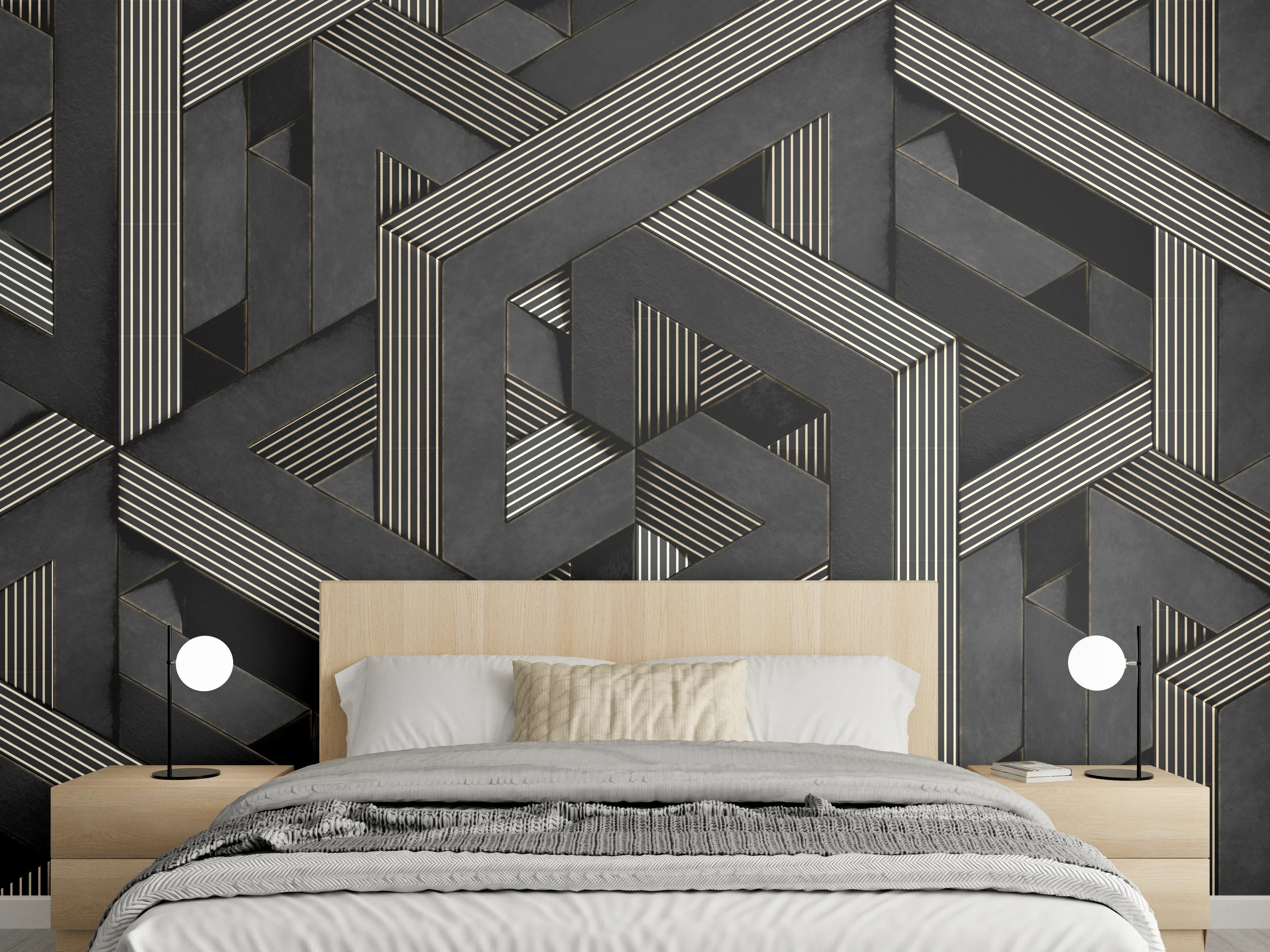 Wandverkleidung Schlafzimmer - Geometrisches Muster in Schwarz und Weiß