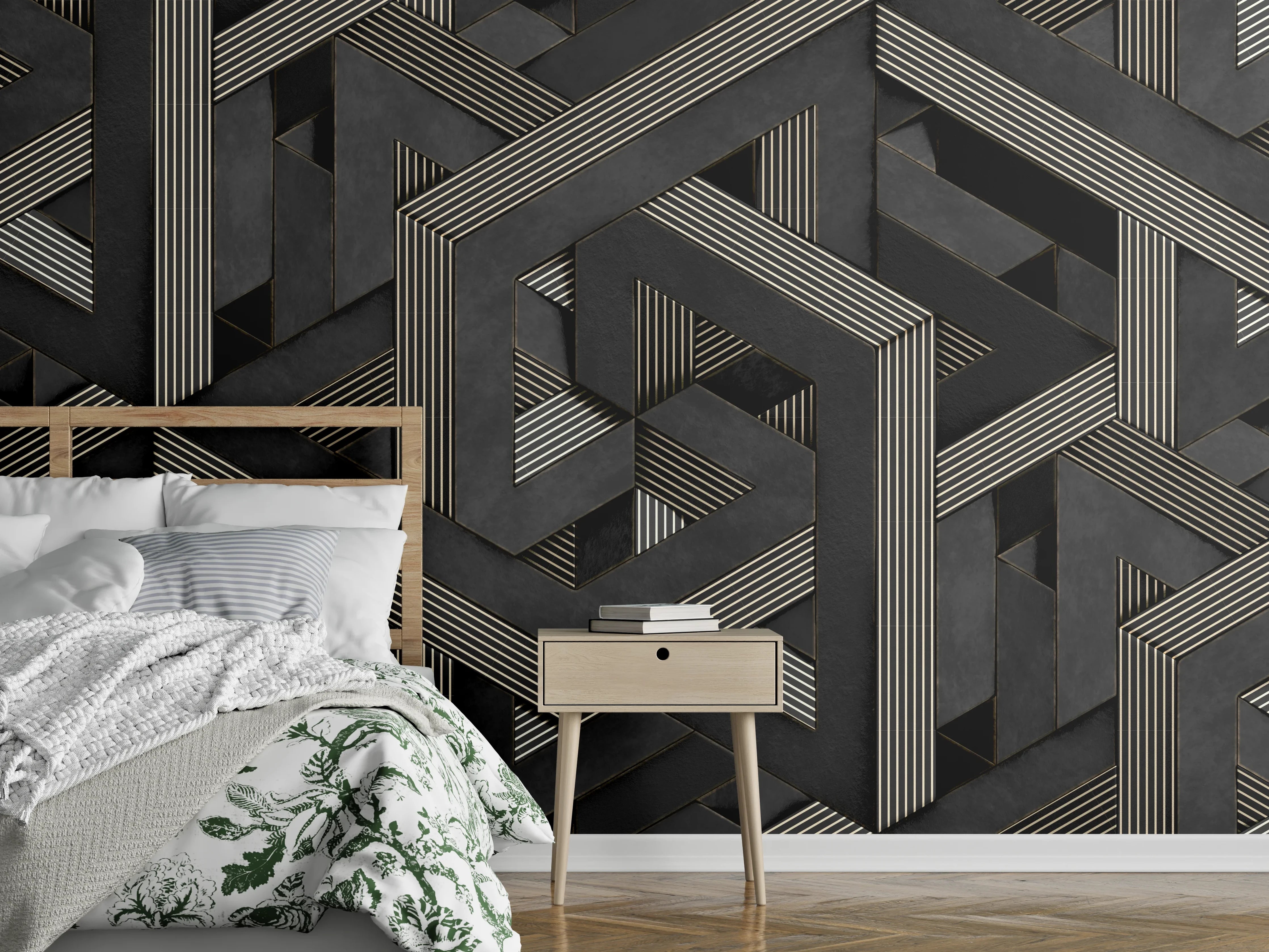 Wandverkleidung Schlafzimmer - Geometrisches Muster in Schwarz und Weiß