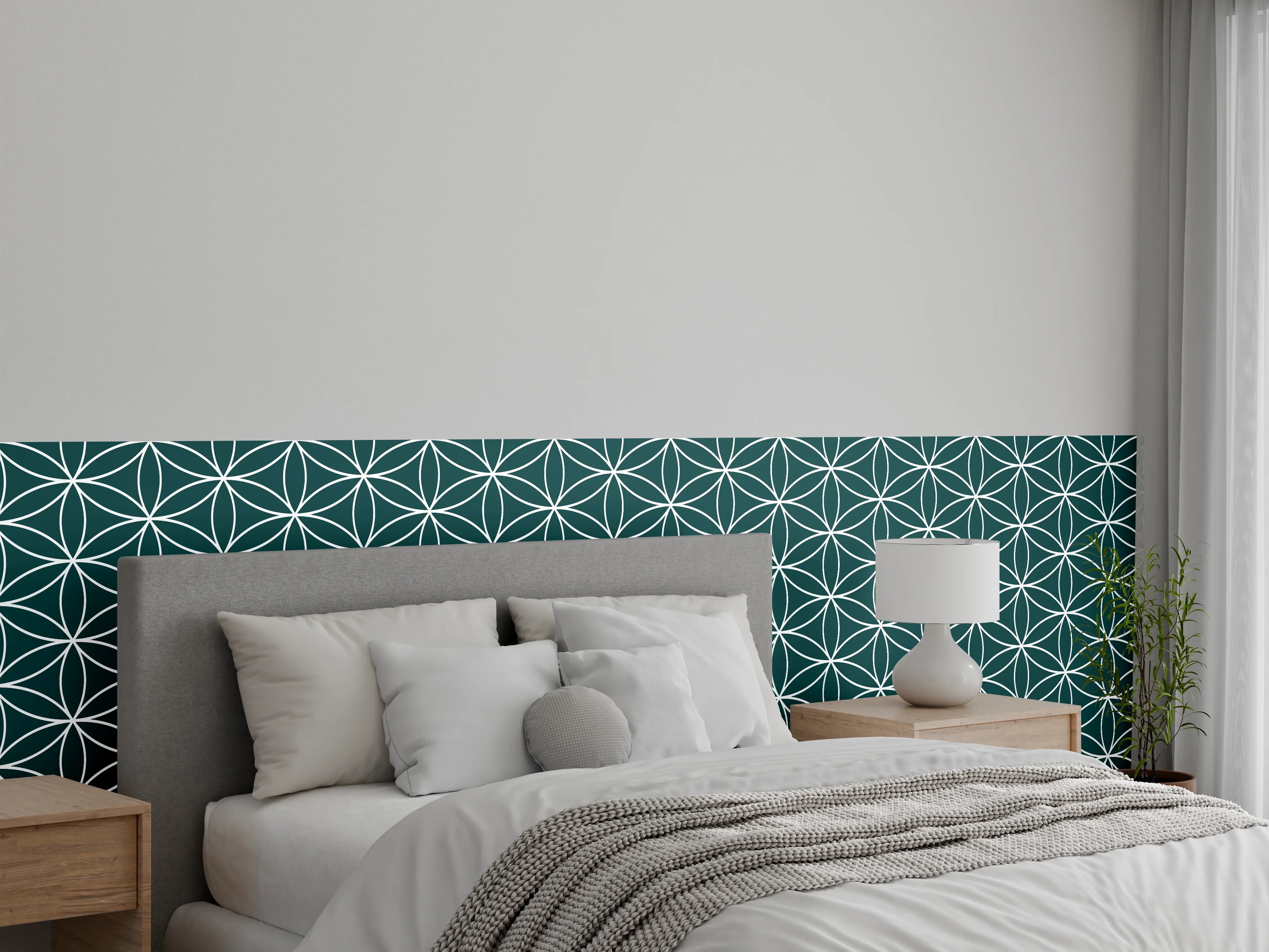 Wandverkleidung Schlafzimmer - Geometrisches Muster in Türkis und Weiß