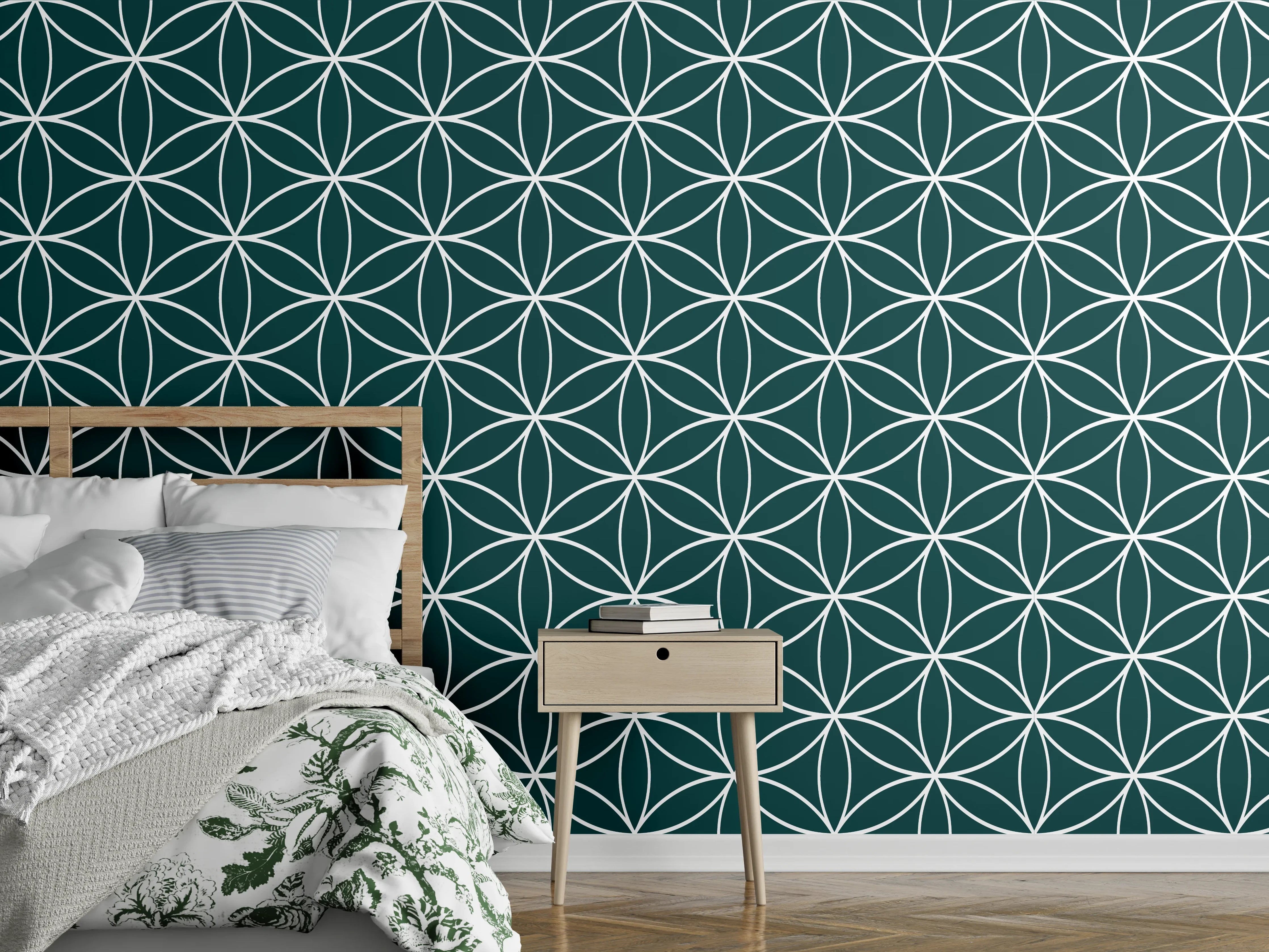 Wandverkleidung Schlafzimmer - Geometrisches Muster in Türkis und Weiß