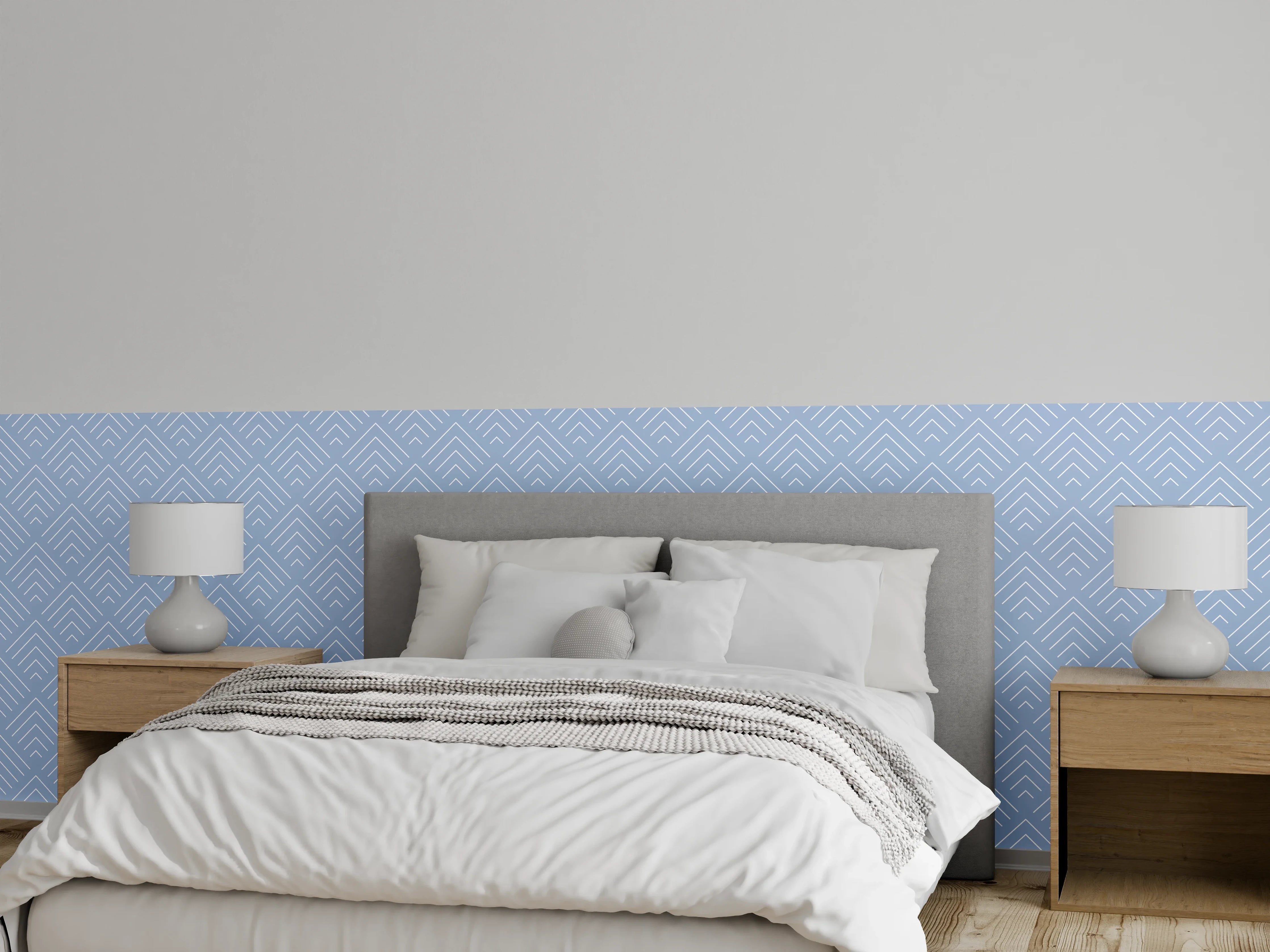 Wandverkleidung Schlafzimmer - Geometrisches Muster in dezentem Grau-Blau