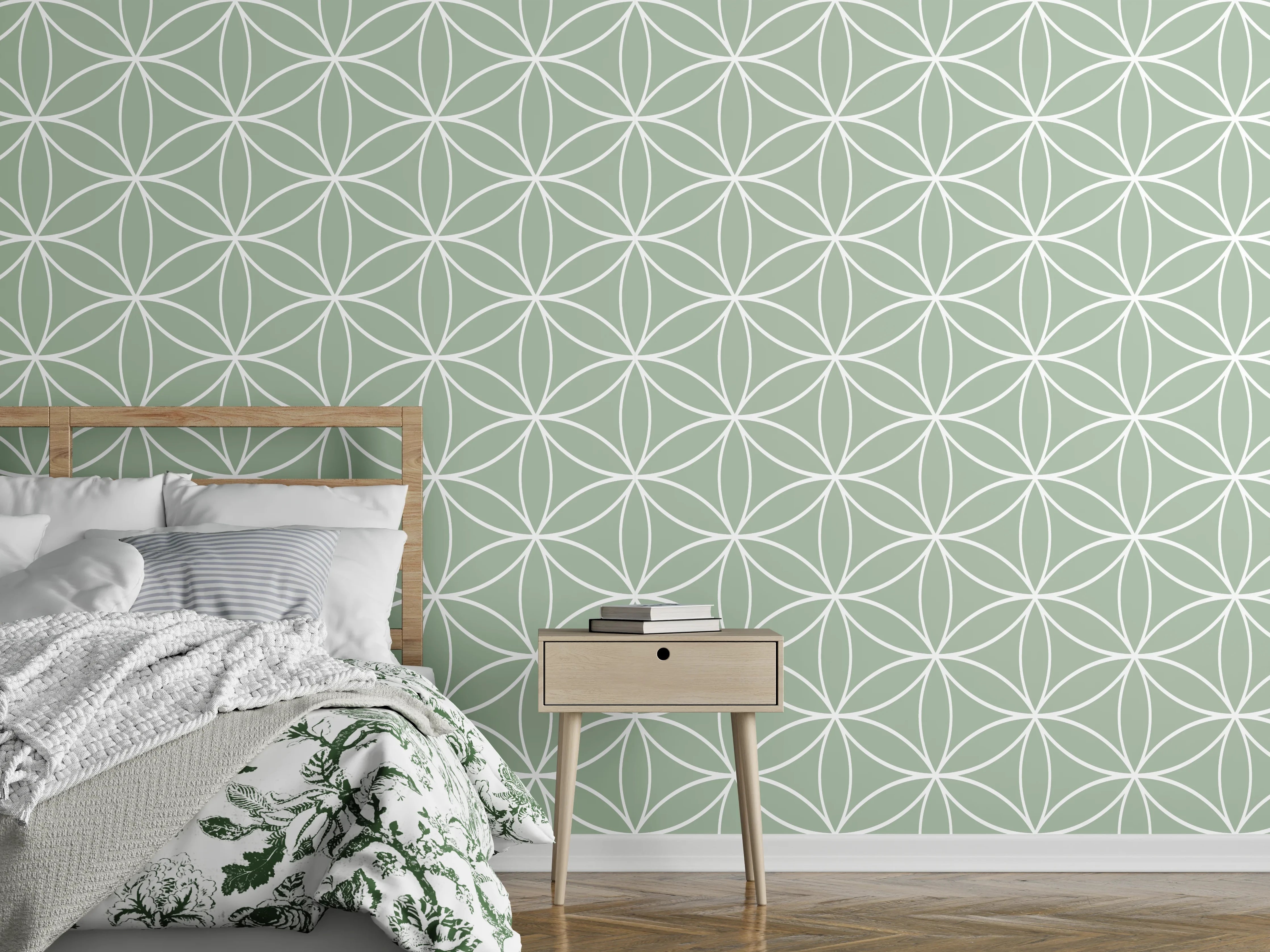 Wandverkleidung Schlafzimmer - Geometrisches Muster in sanftem Grün