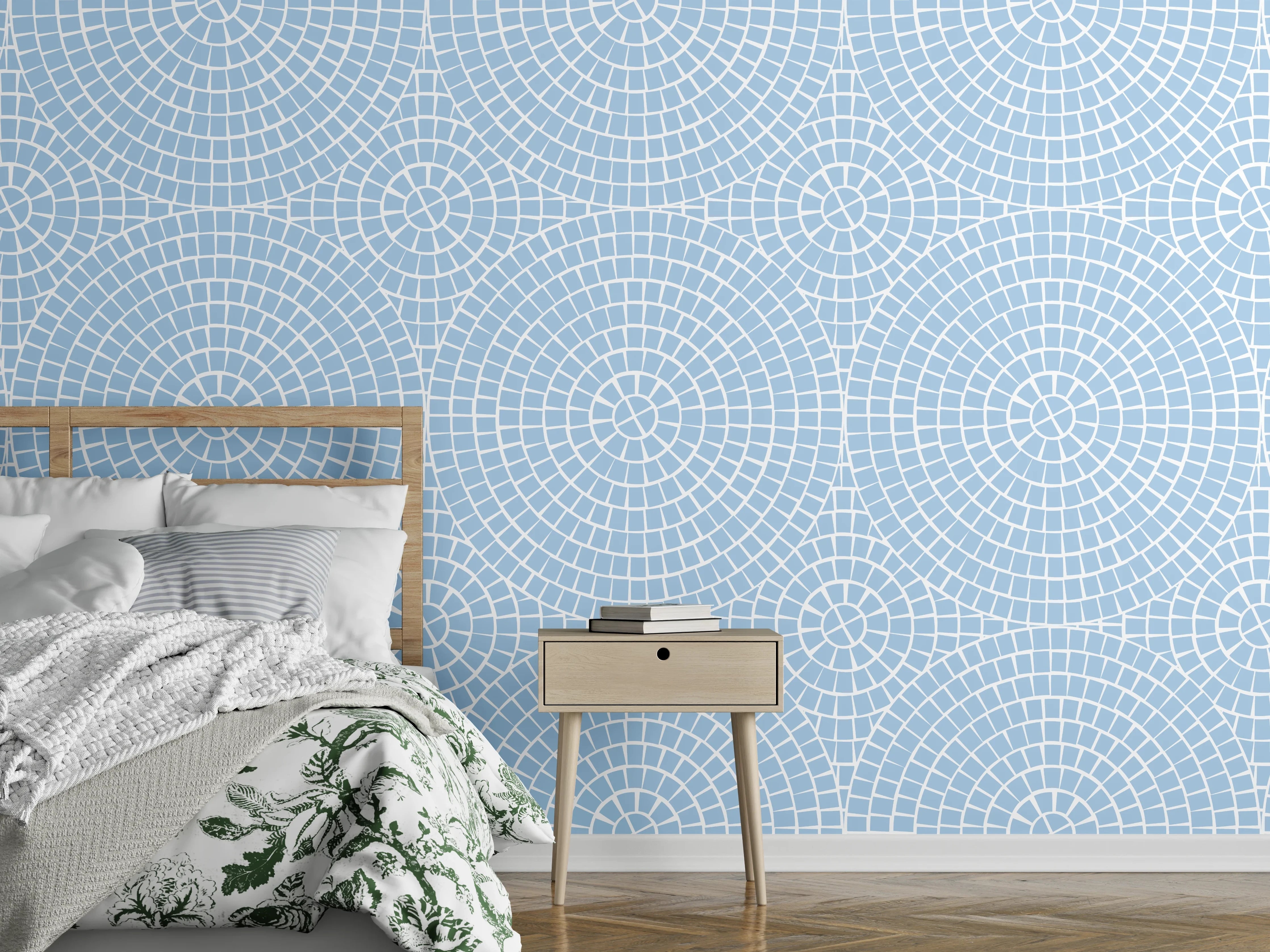 Wandverkleidung Schlafzimmer - Geometrisches Muster in zartem Blau